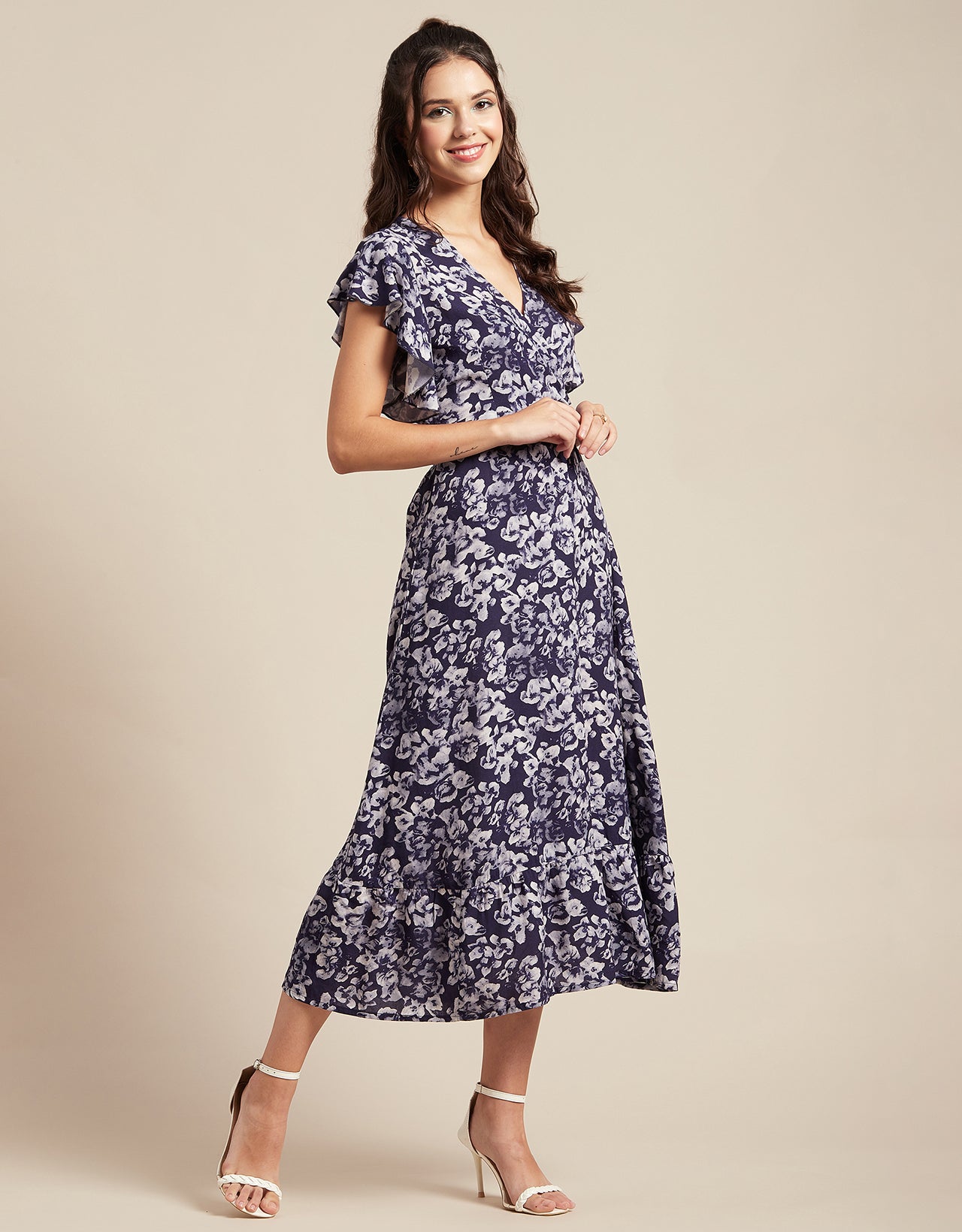 Printed V-Neck Ruffled Midi Dress