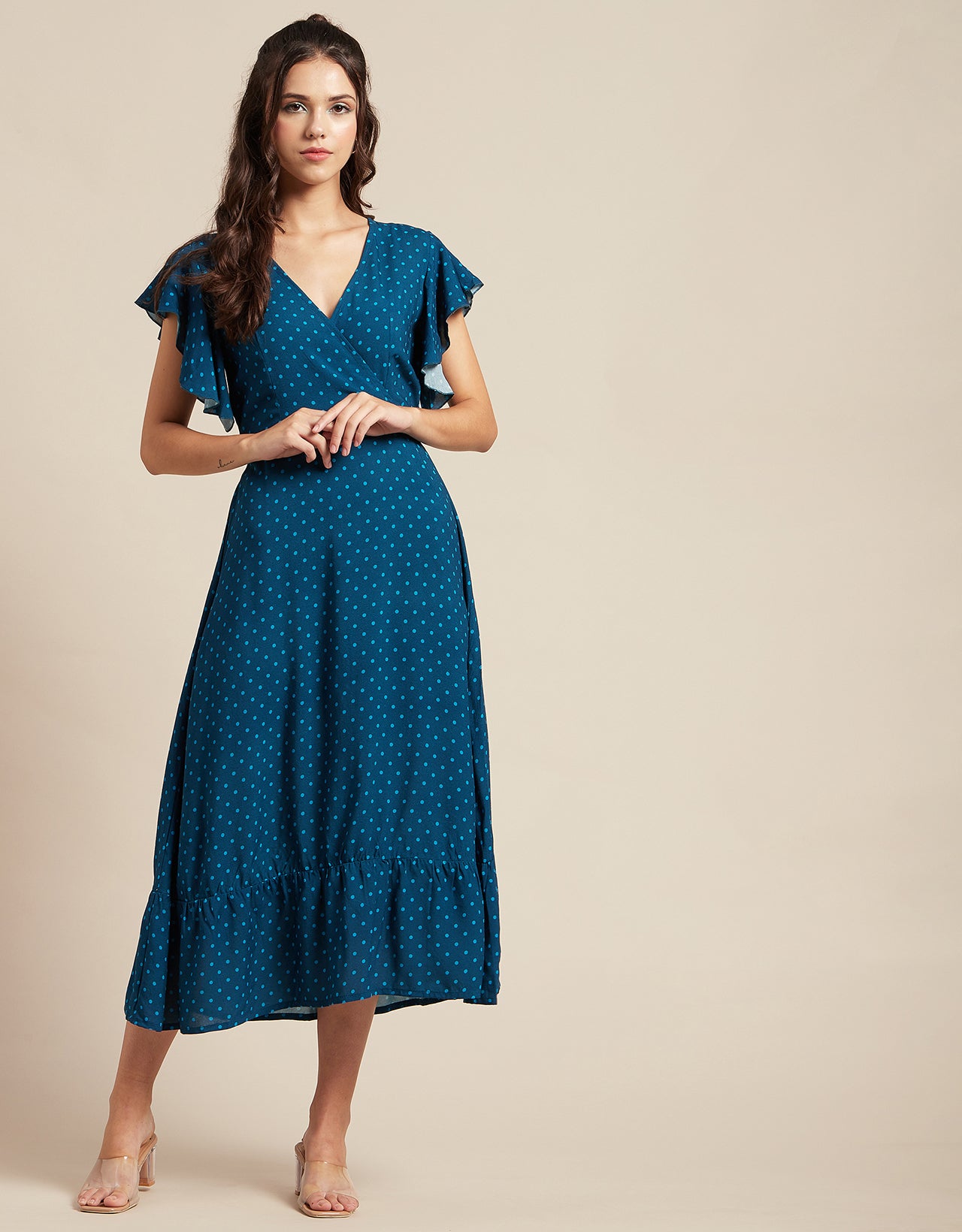 Printed V-Neck Ruffled Midi Dress