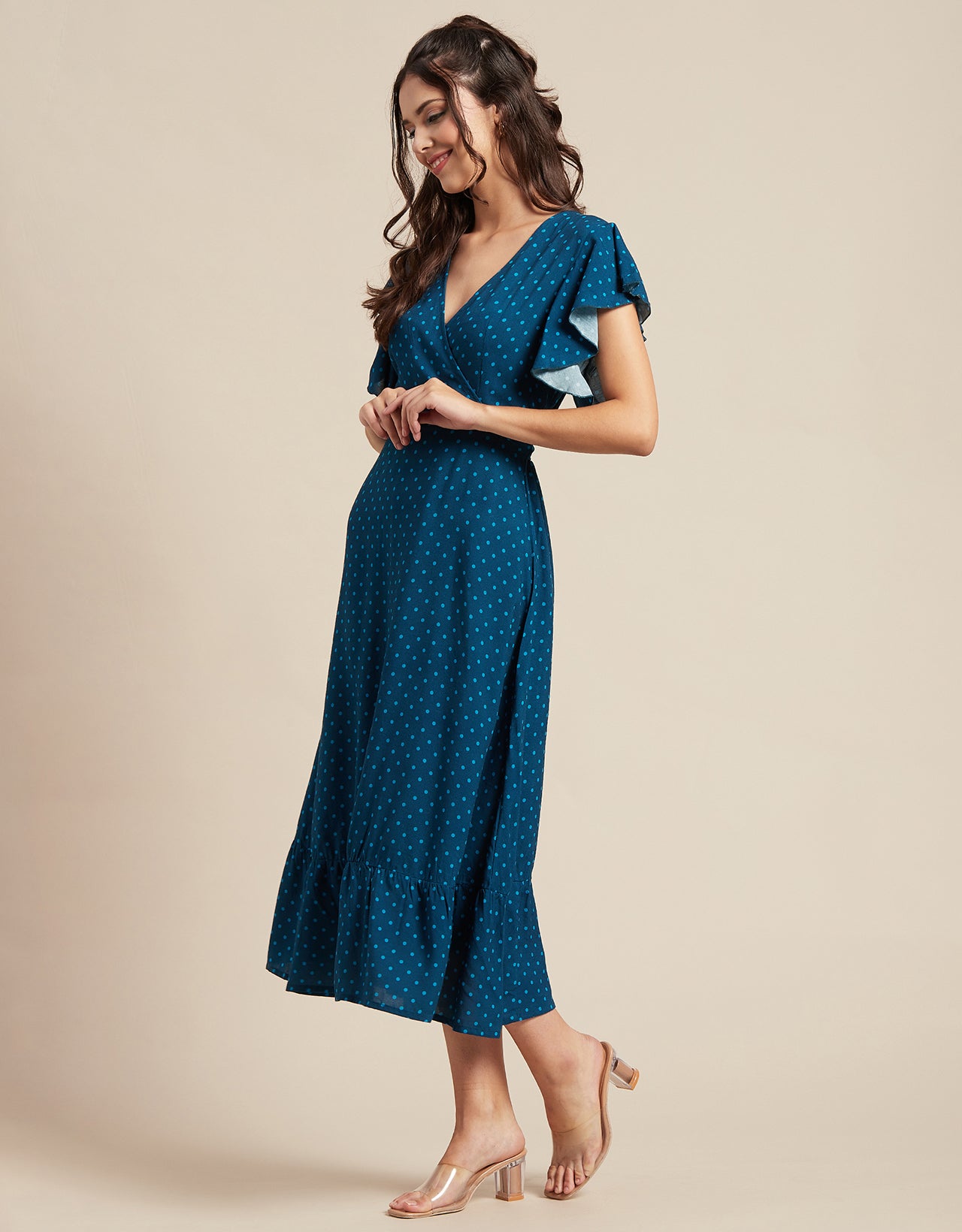 Printed V-Neck Ruffled Midi Dress