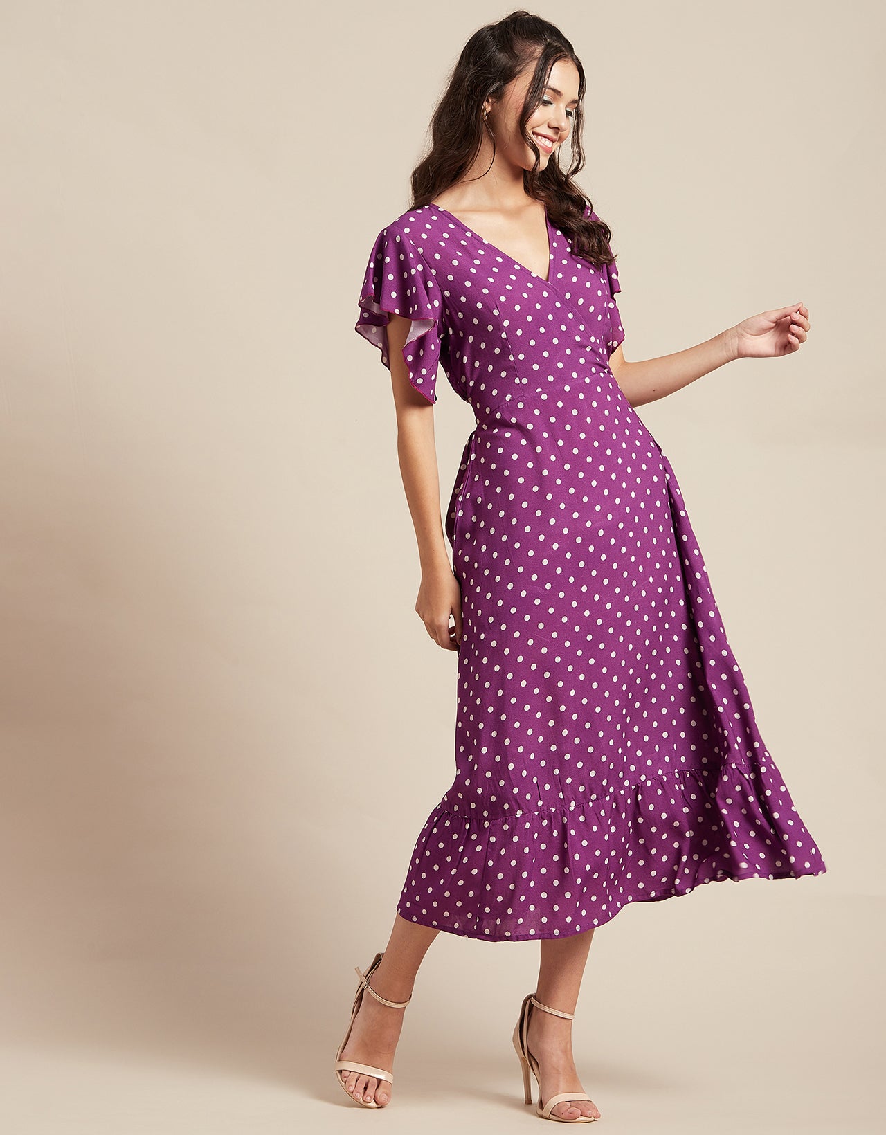 Printed V-Neck Ruffled Midi Dress
