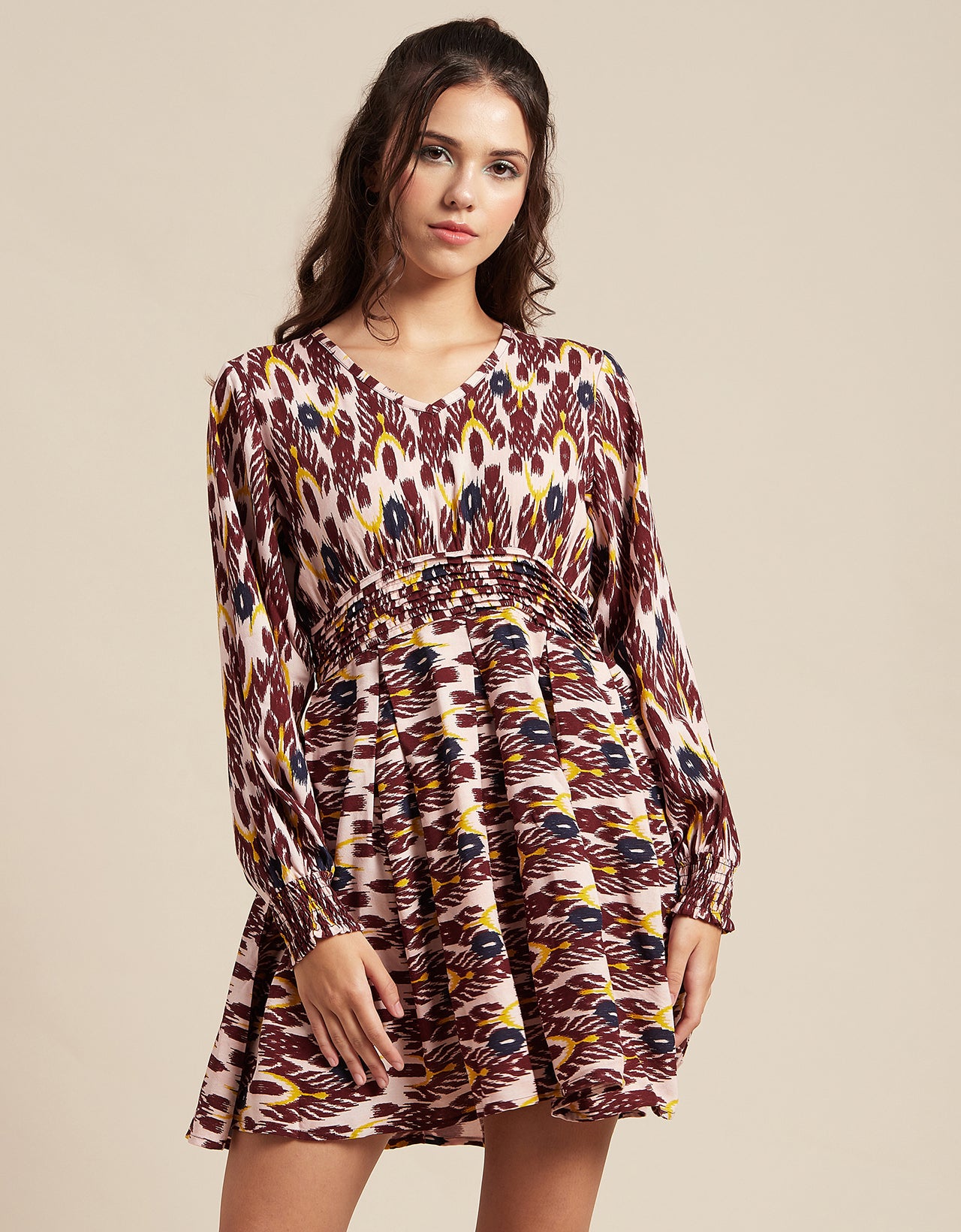 Printed Viscose Dress, Balloon Waist