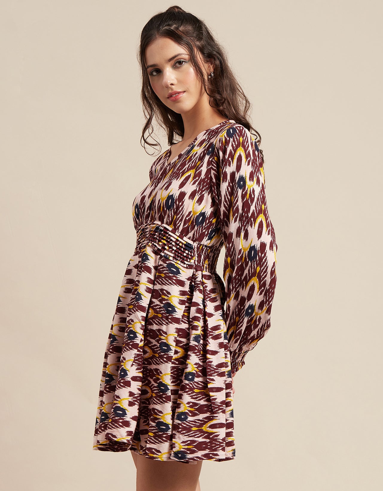Printed Viscose Dress, Balloon Waist