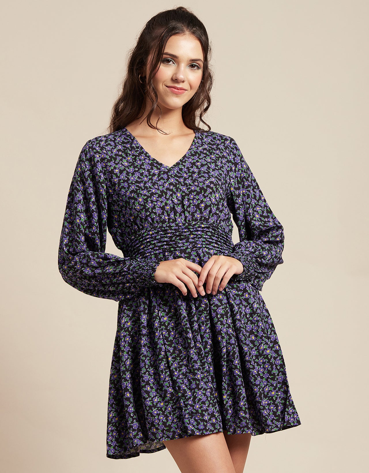 Printed Viscose Dress, Balloon Waist