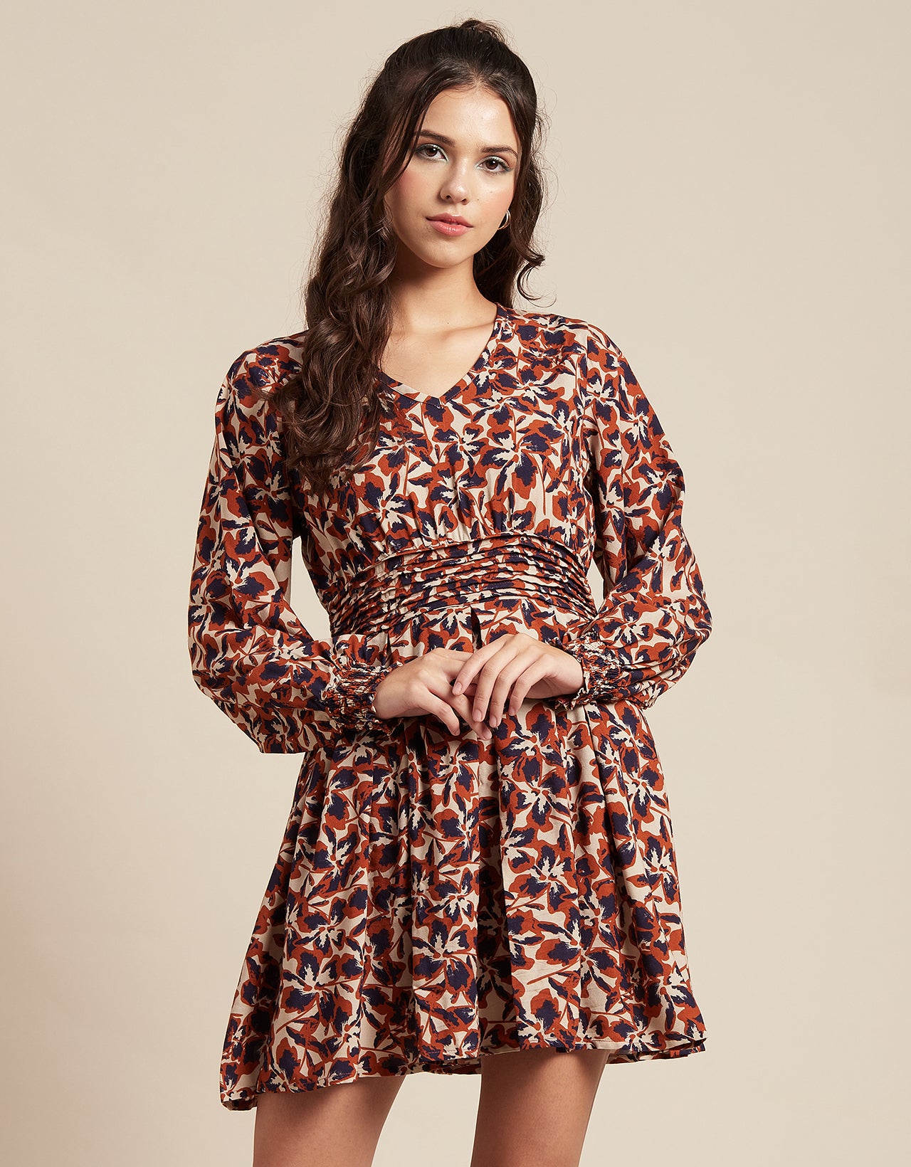 Printed Viscose Dress, Balloon Waist