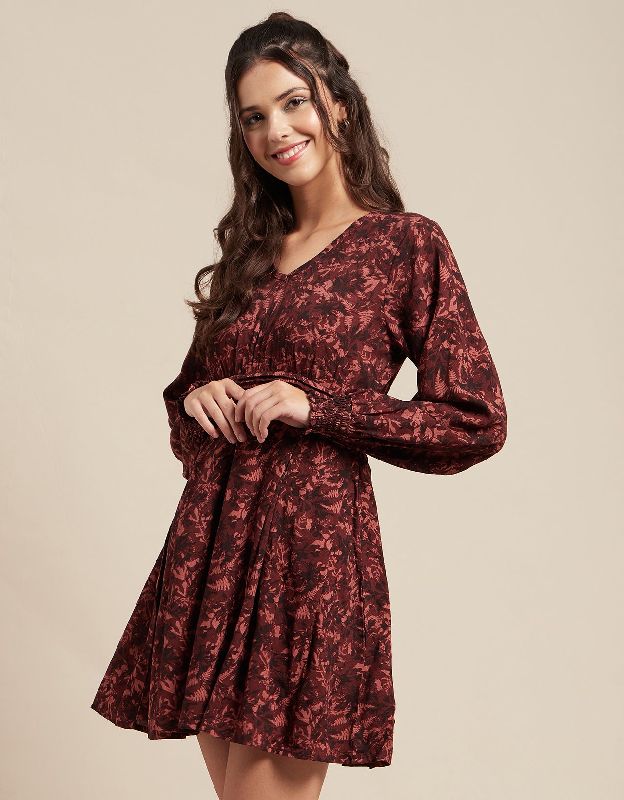 Printed Viscose Dress, Balloon Waist