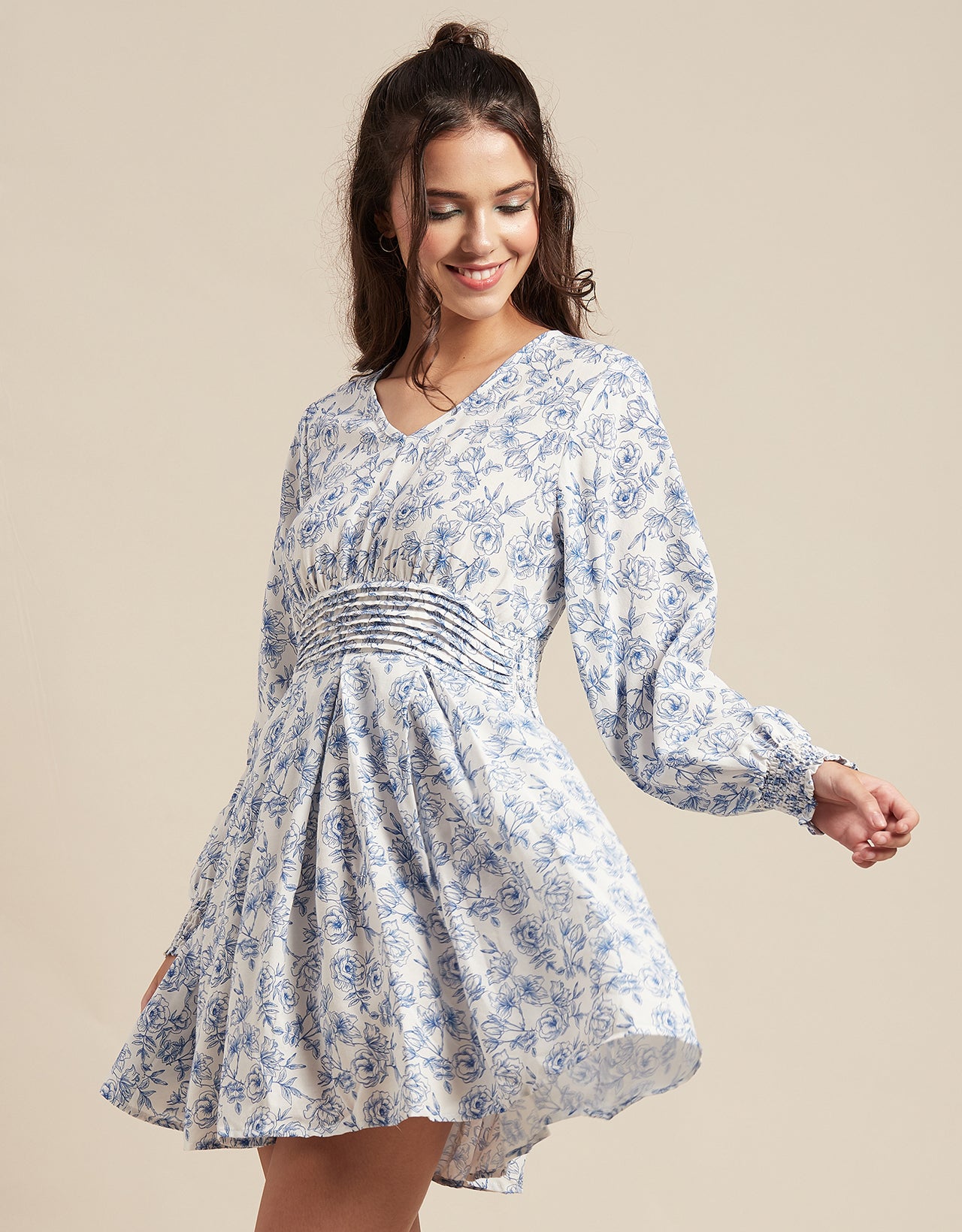 Printed Viscose Dress, Balloon Waist