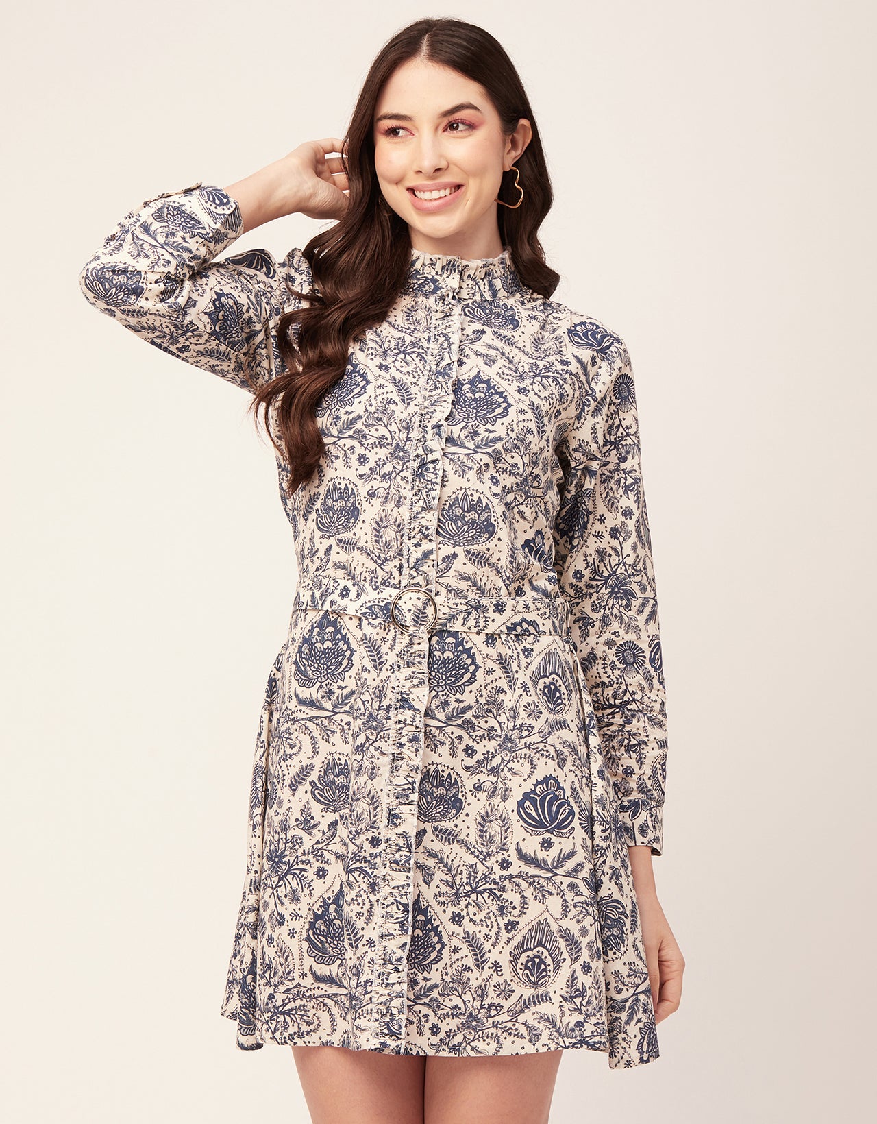 Printed Cotton Dress, Ruffled Collar