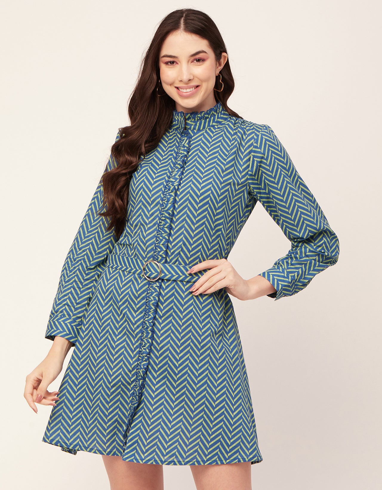 Printed Cotton Dress, Ruffled Collar