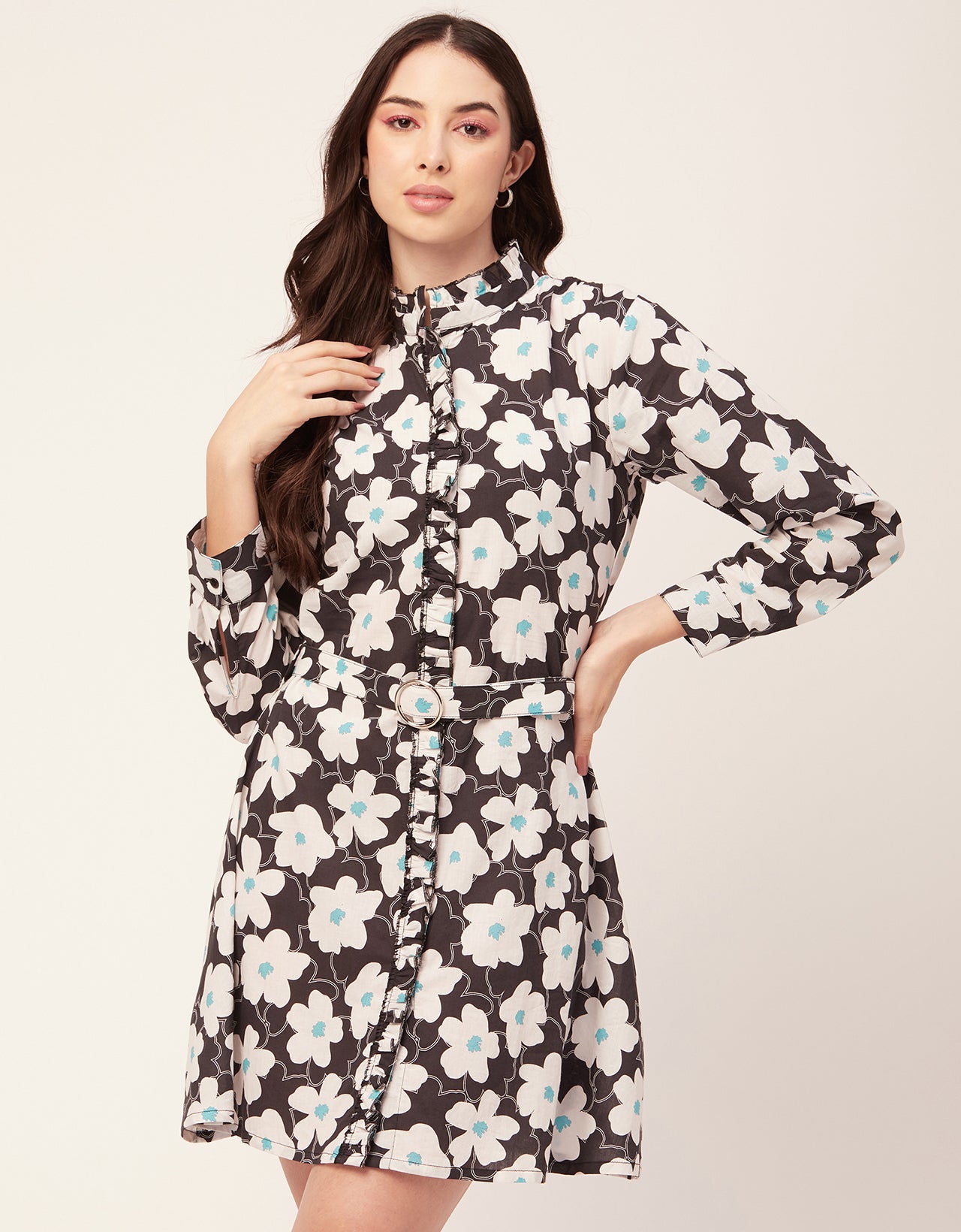 Printed Cotton Dress, Ruffled Collar