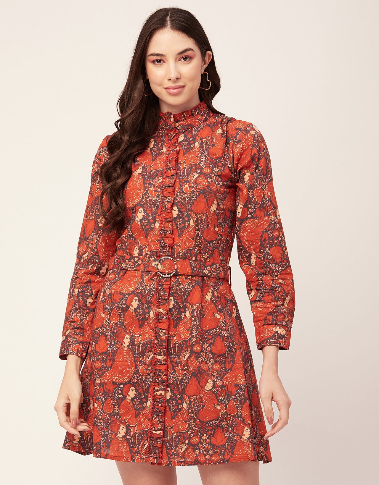 Printed Cotton Dress, Ruffled Collar