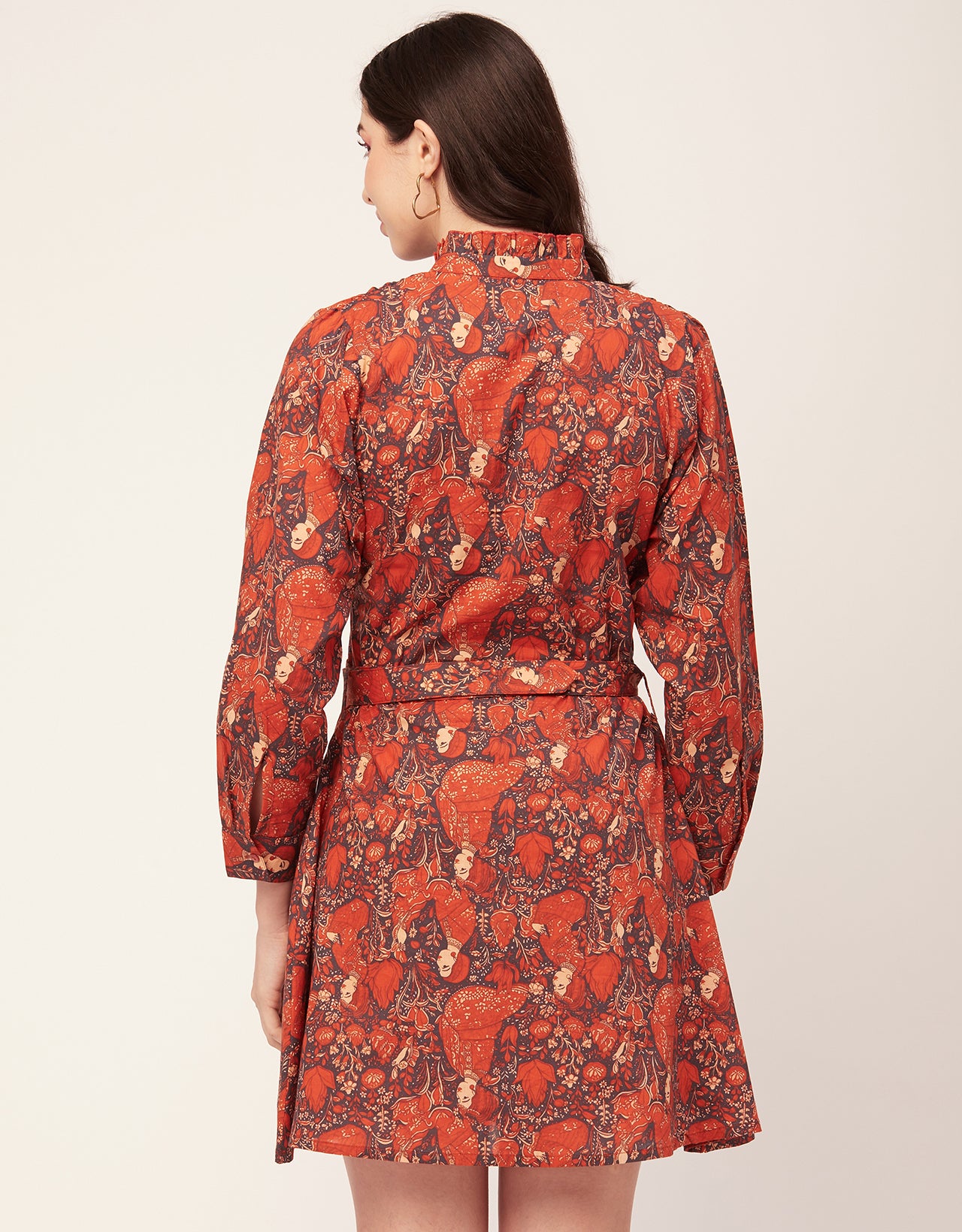 Printed Cotton Dress, Ruffled Collar