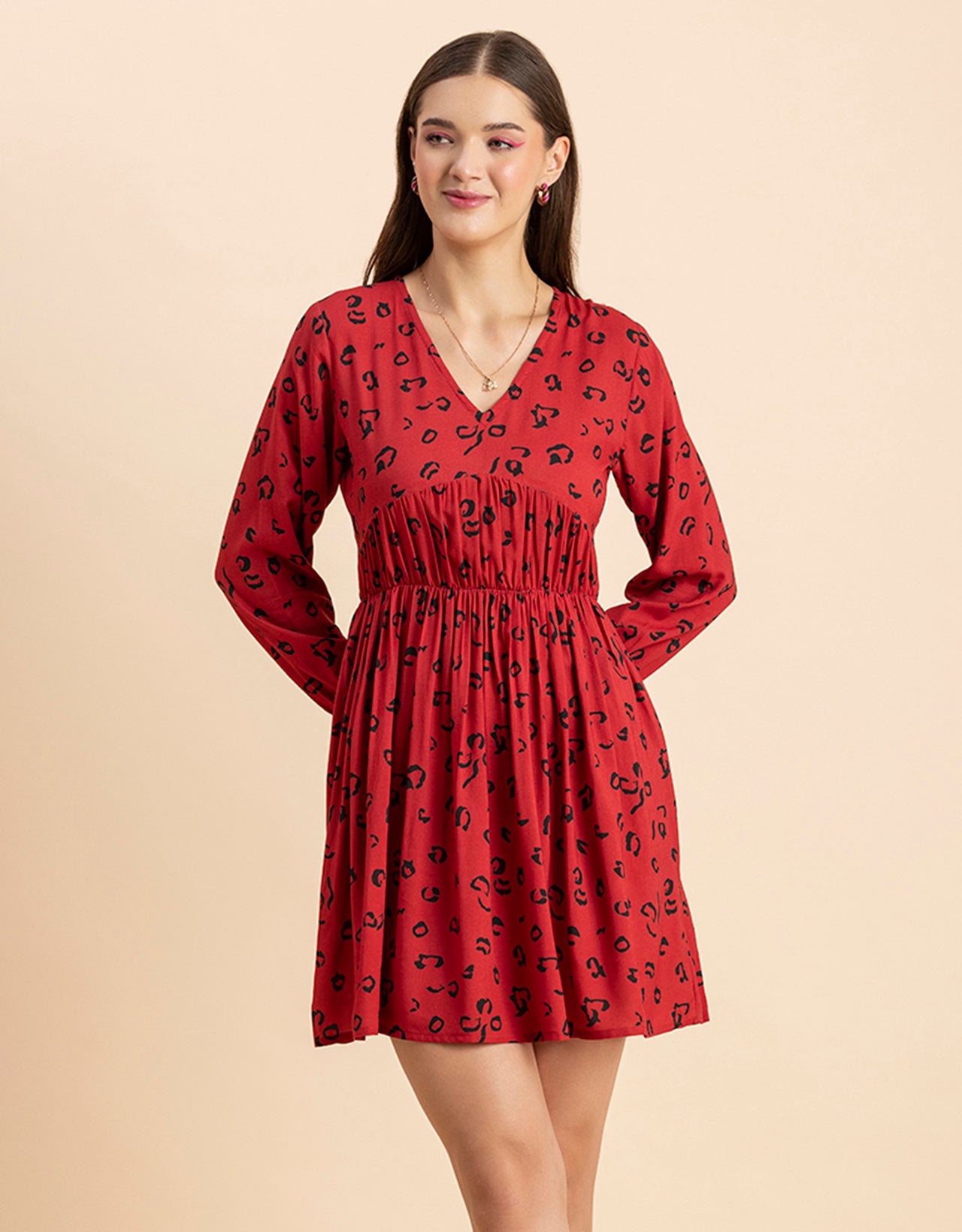 Printed Viscose Dress, Long Sleeves
