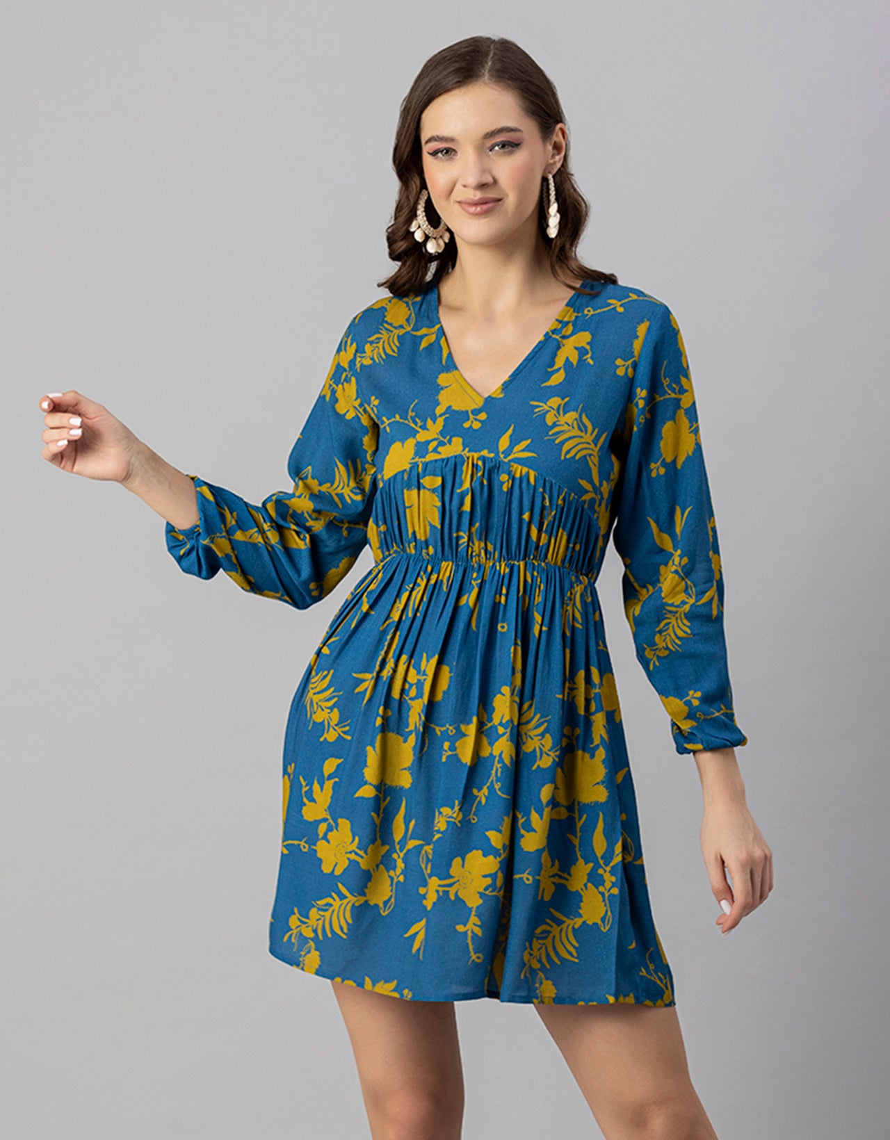 Printed Viscose Dress, Long Sleeves
