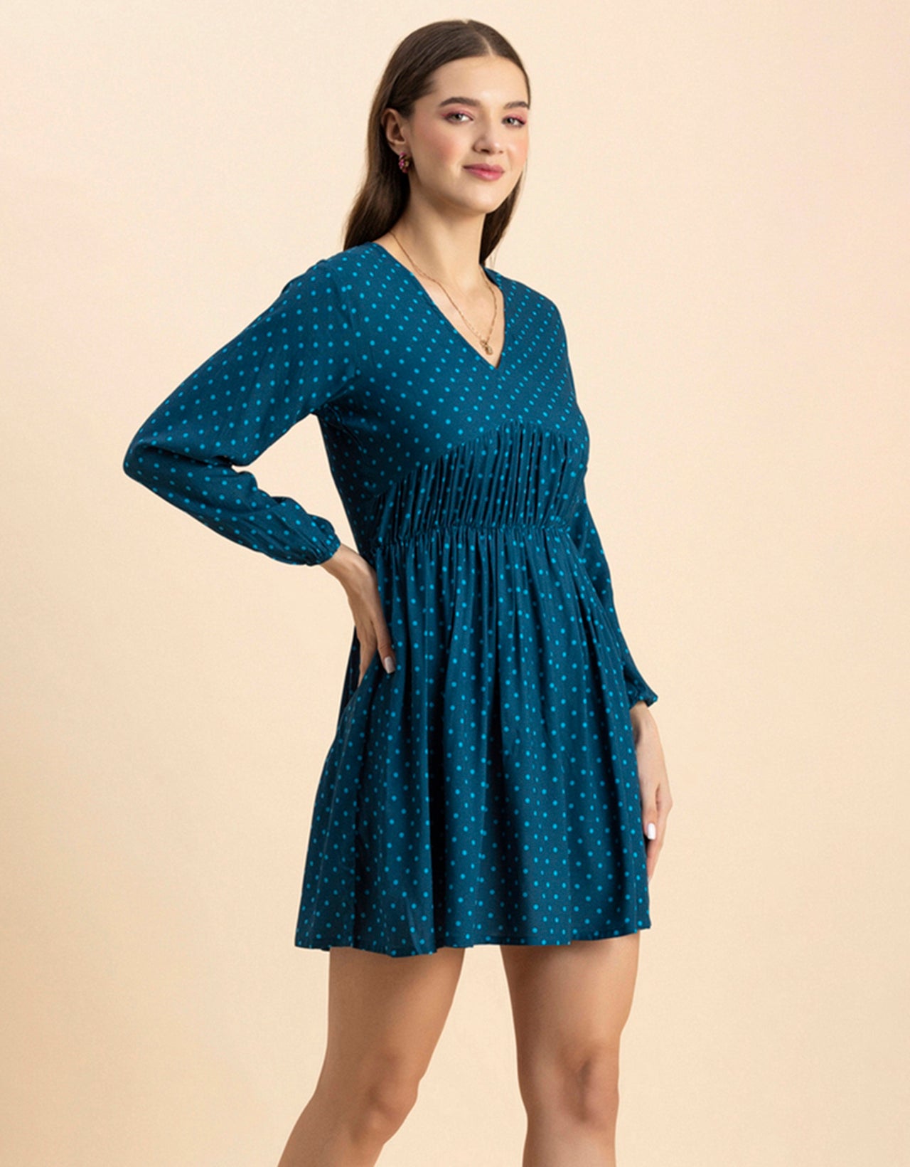 Printed Viscose Dress, Long Sleeves