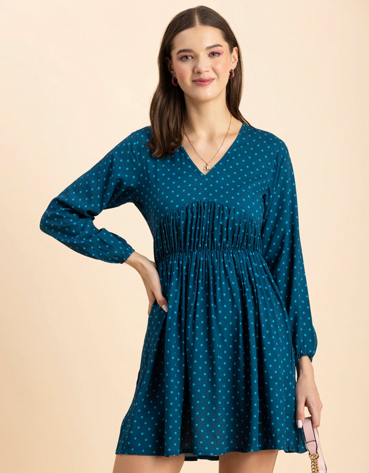 Printed Viscose Dress, Long Sleeves