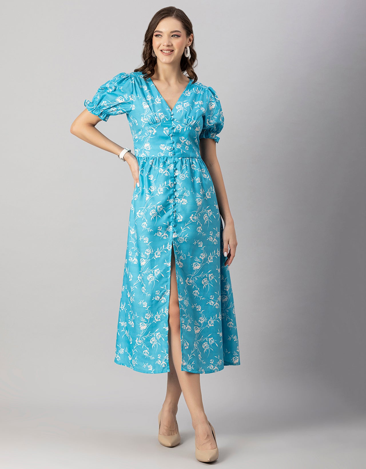 Printed Front Slit Midi Dress