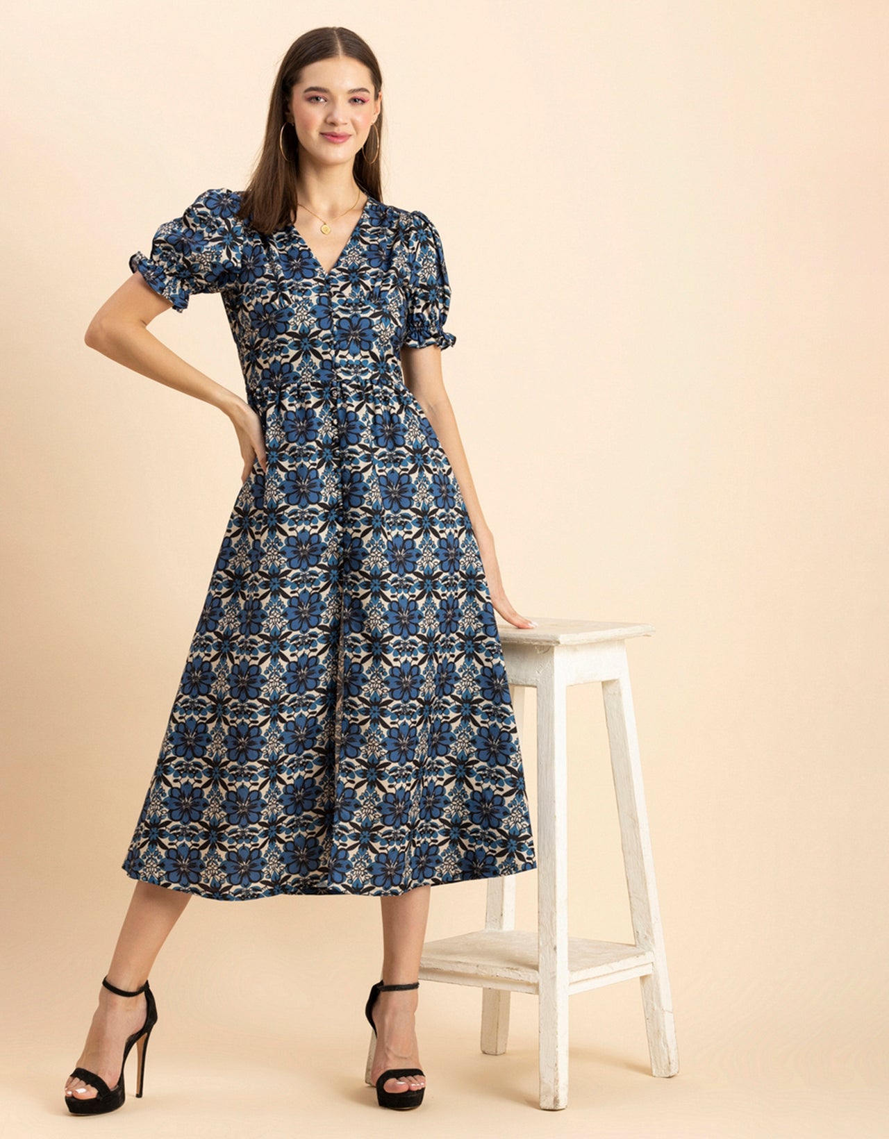 Printed Front Slit Midi Dress