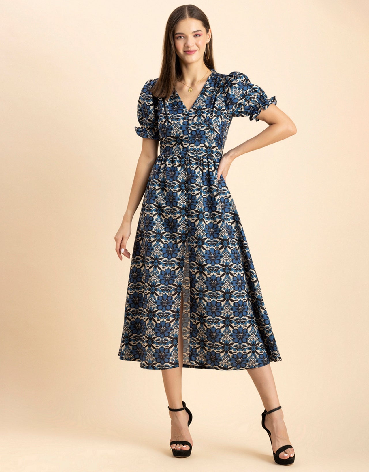 Printed Front Slit Midi Dress