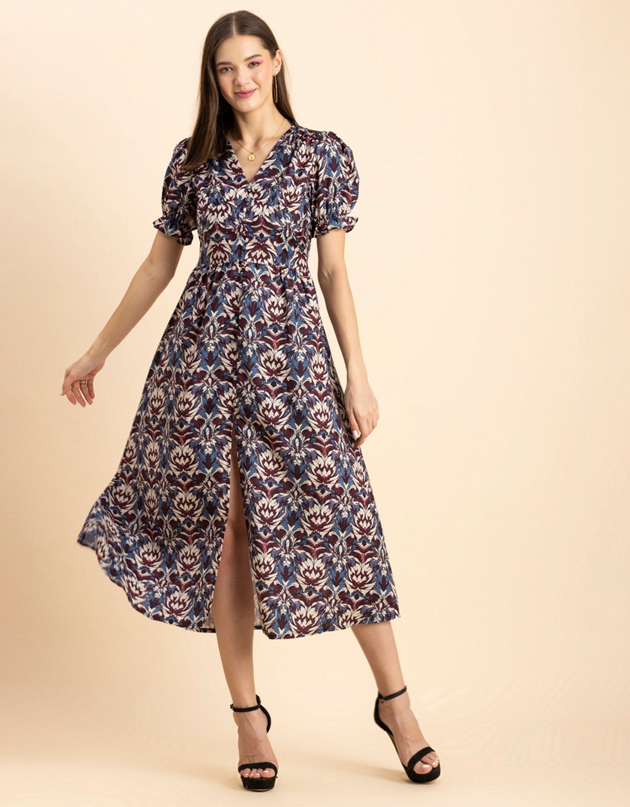 Printed Front Slit Midi Dress