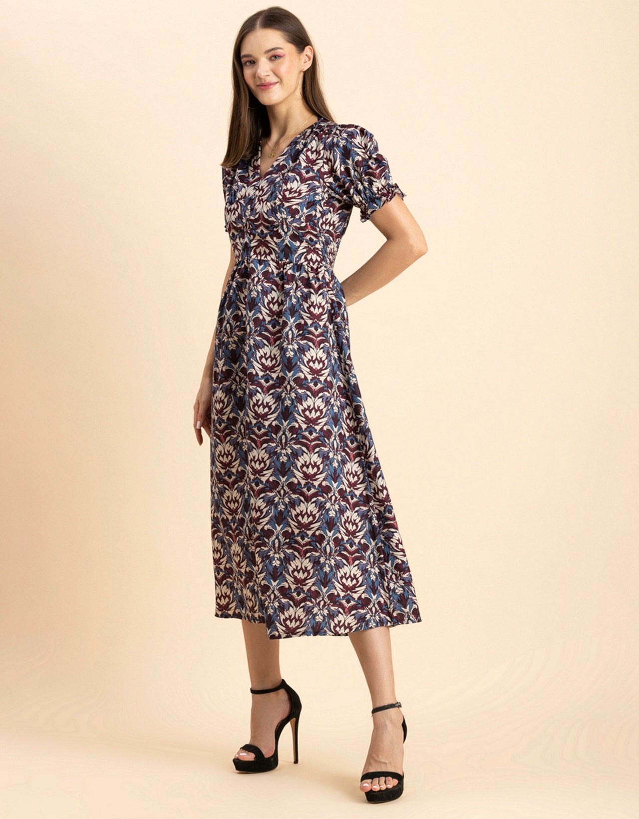 Printed Front Slit Midi Dress