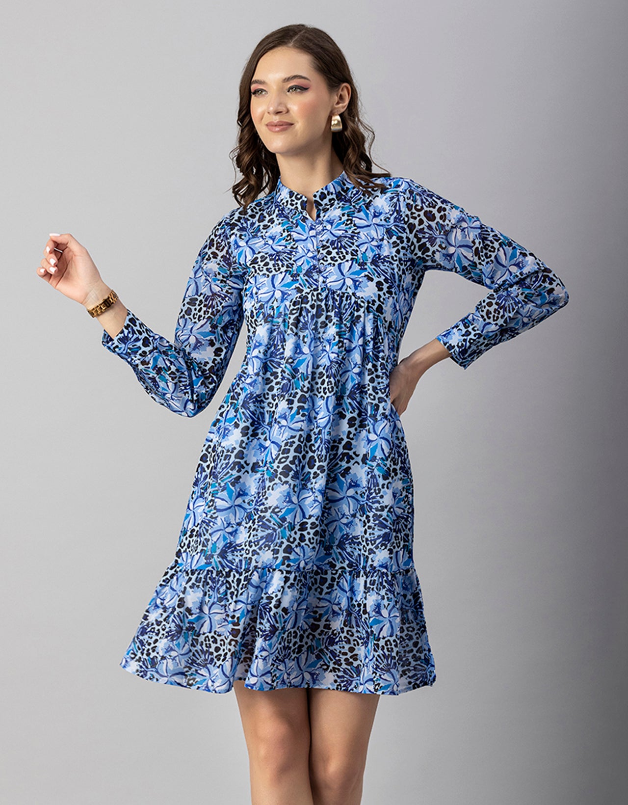 Solid Cuffed Sleeves Dress