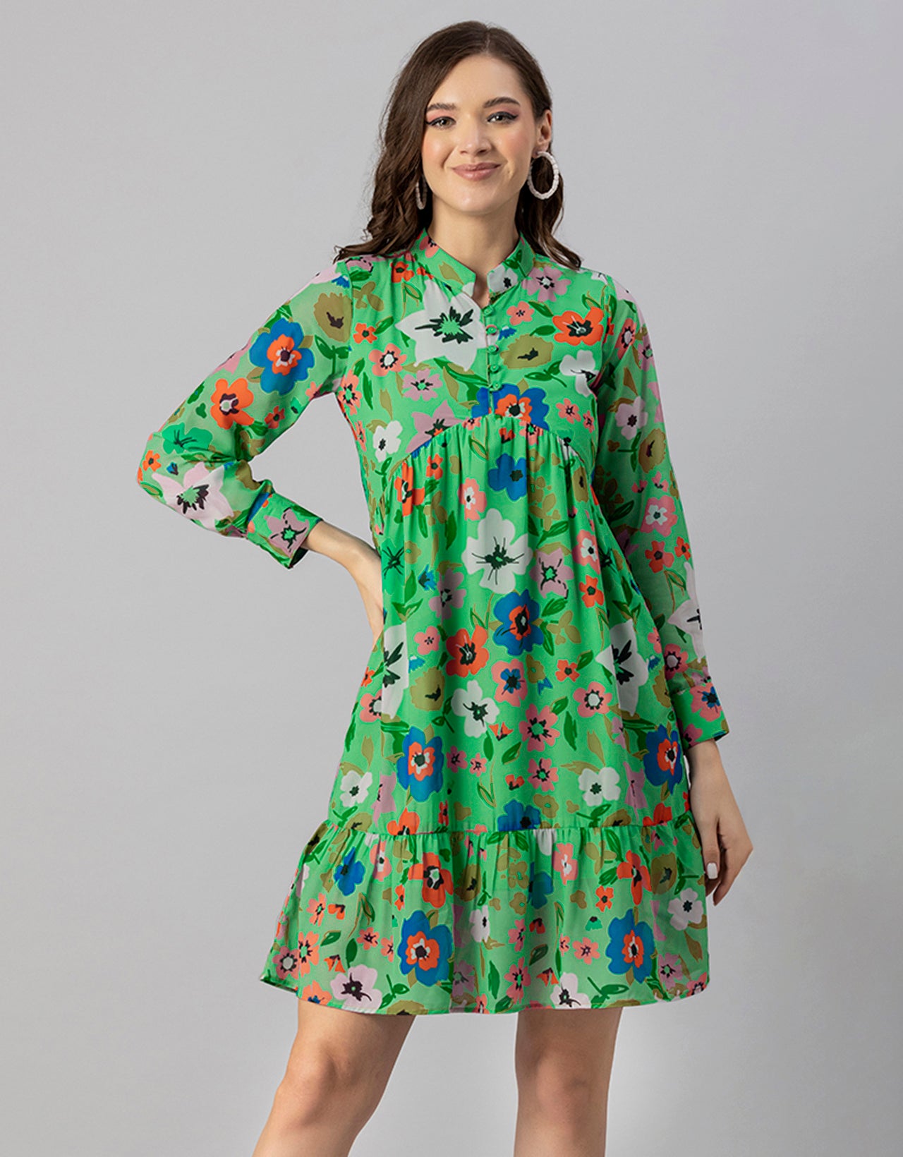 Solid Cuffed Sleeves Dress