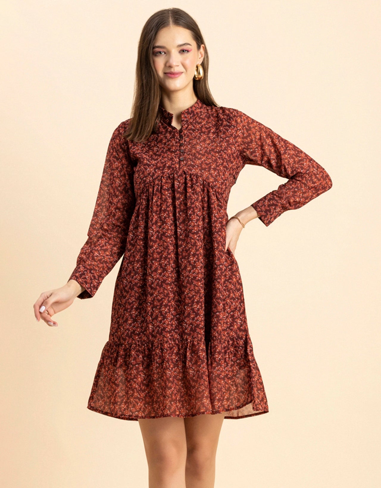 Solid Cuffed Sleeves Dress