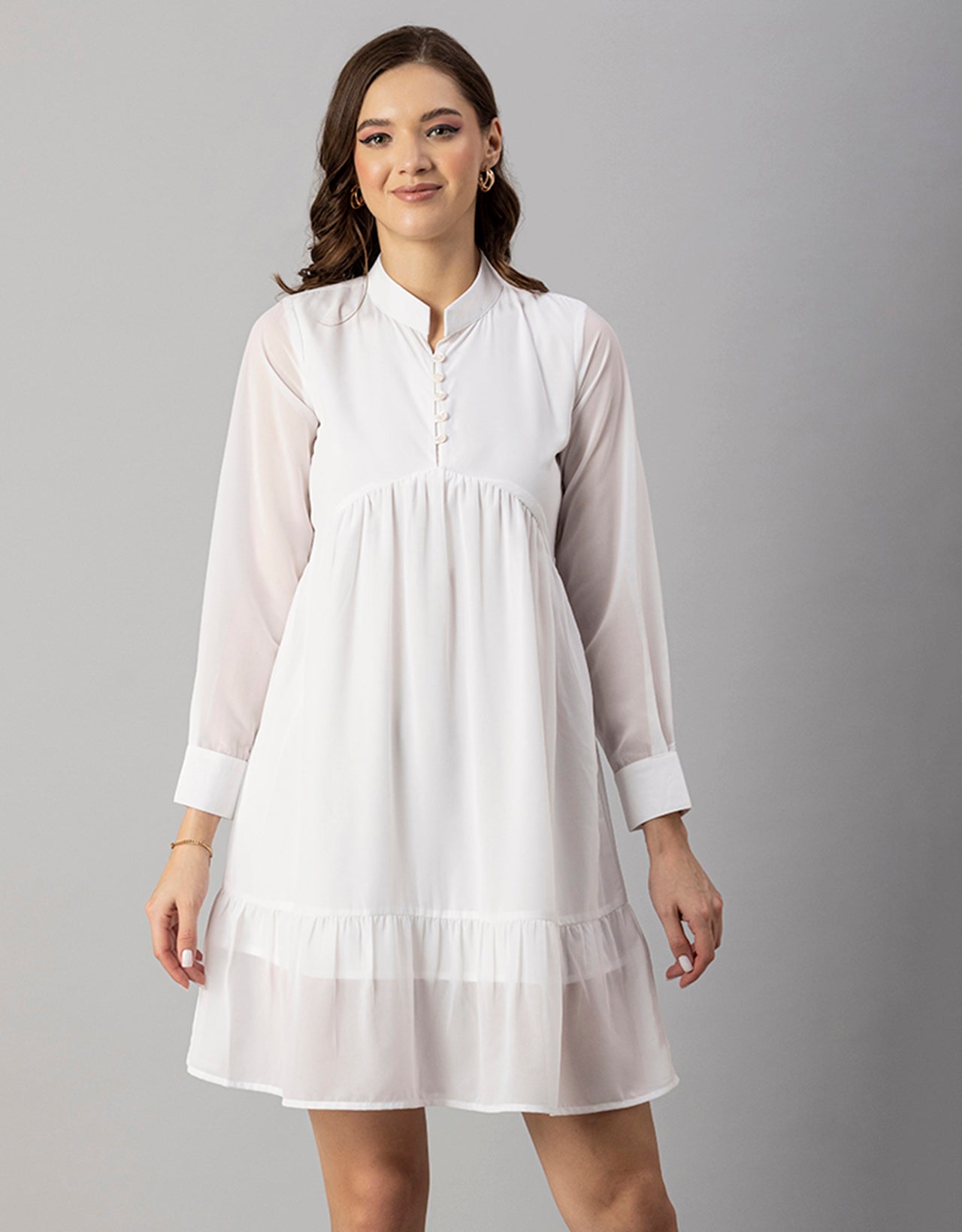 Solid Cuffed Sleeves Dress