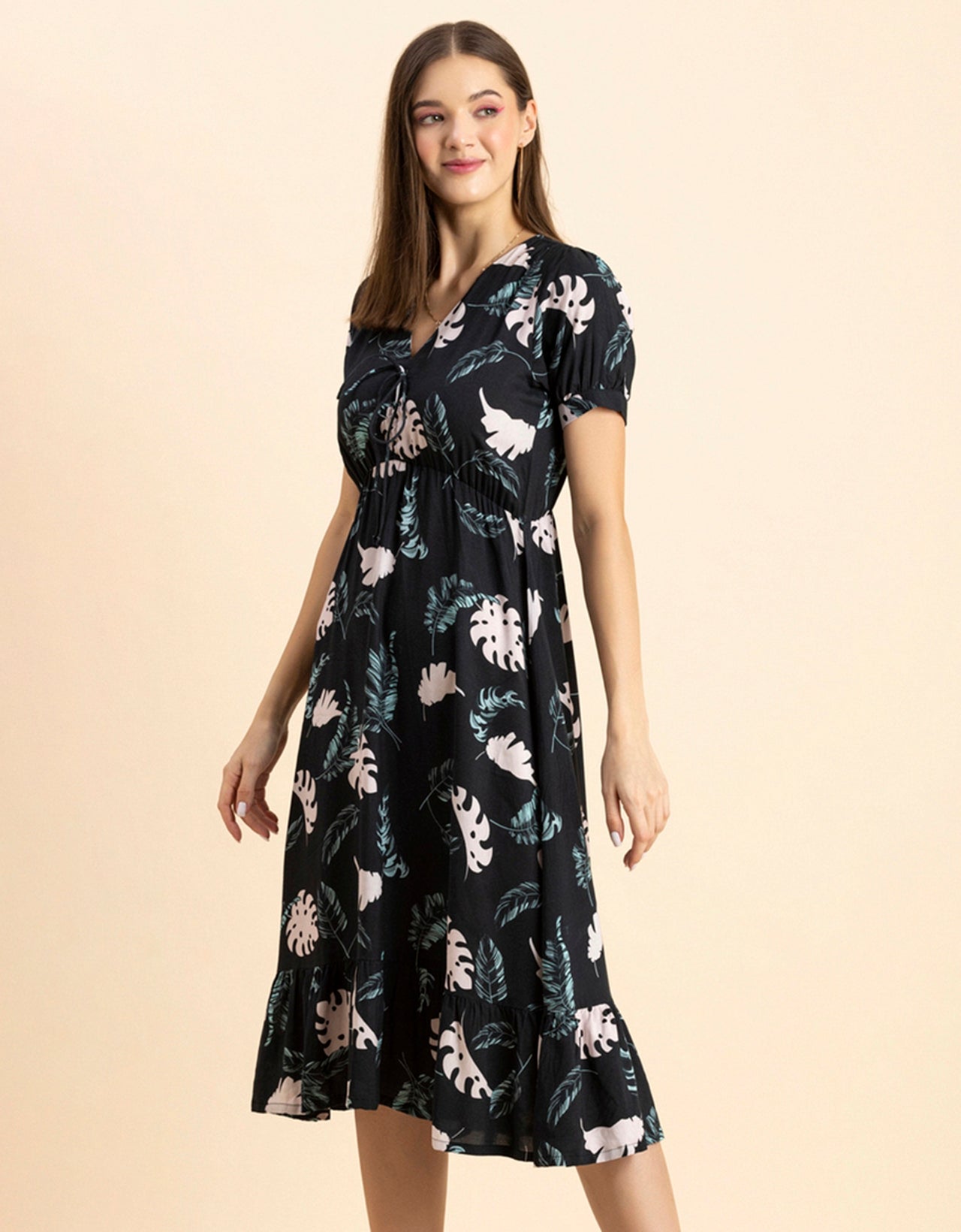 Printed Summer Dress, V-Neck Midi