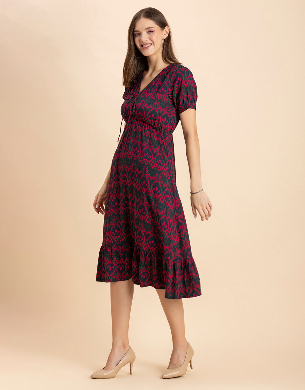 Printed Summer Dress, V-Neck Midi