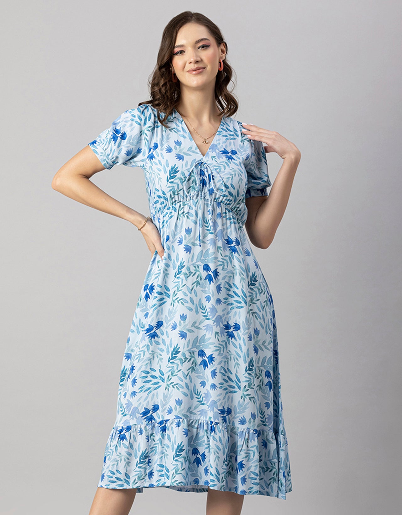 Printed Summer Dress, V-Neck Midi Moomaya