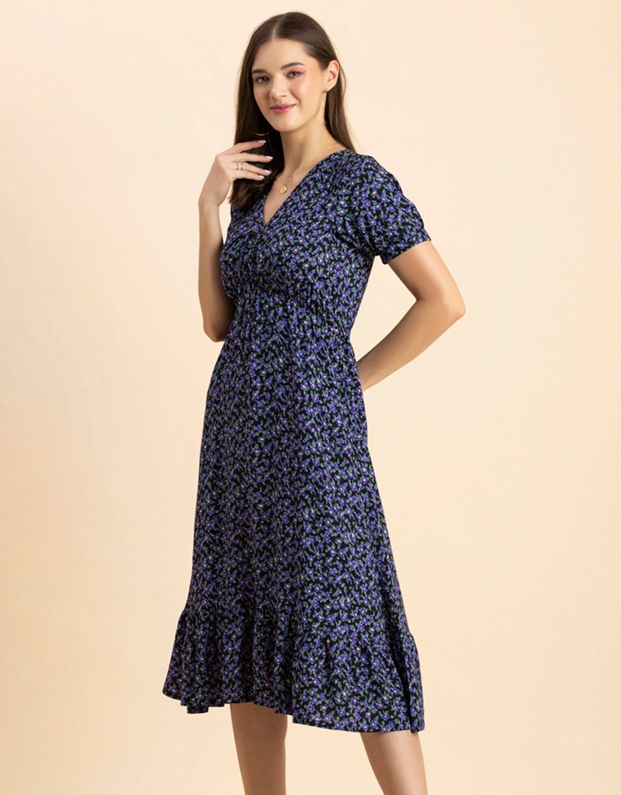 Printed Summer Dress, V-Neck Midi