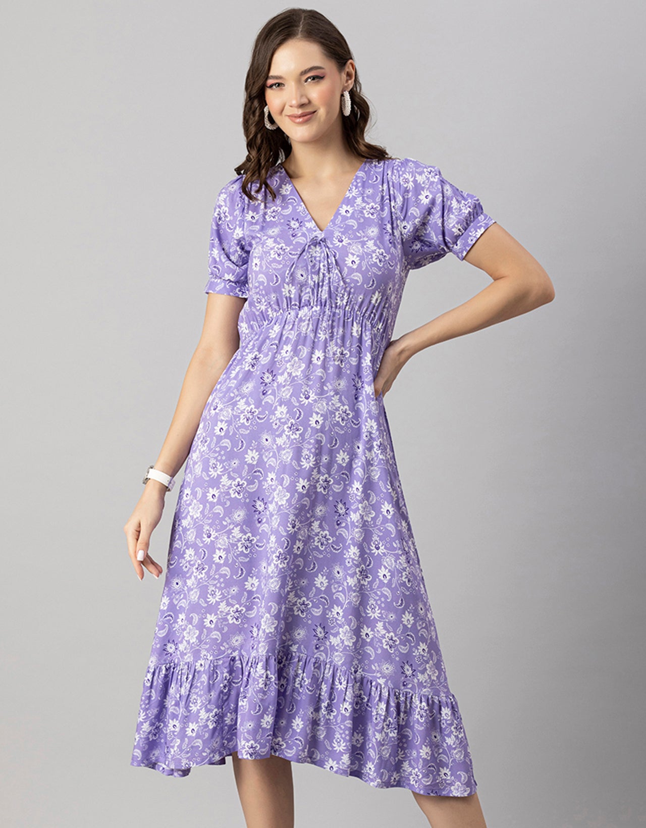 Printed Summer Dress, V-Neck Midi