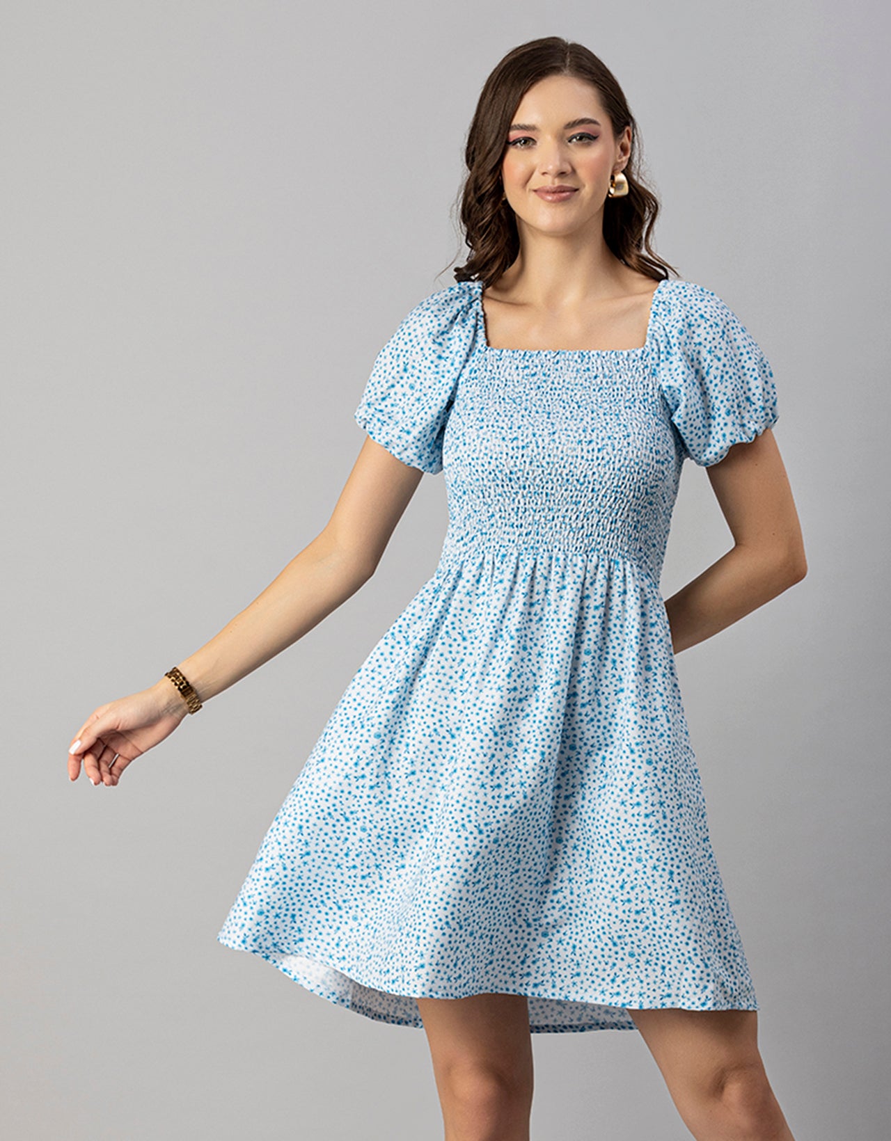 Printed Square Neck Puffed Dress