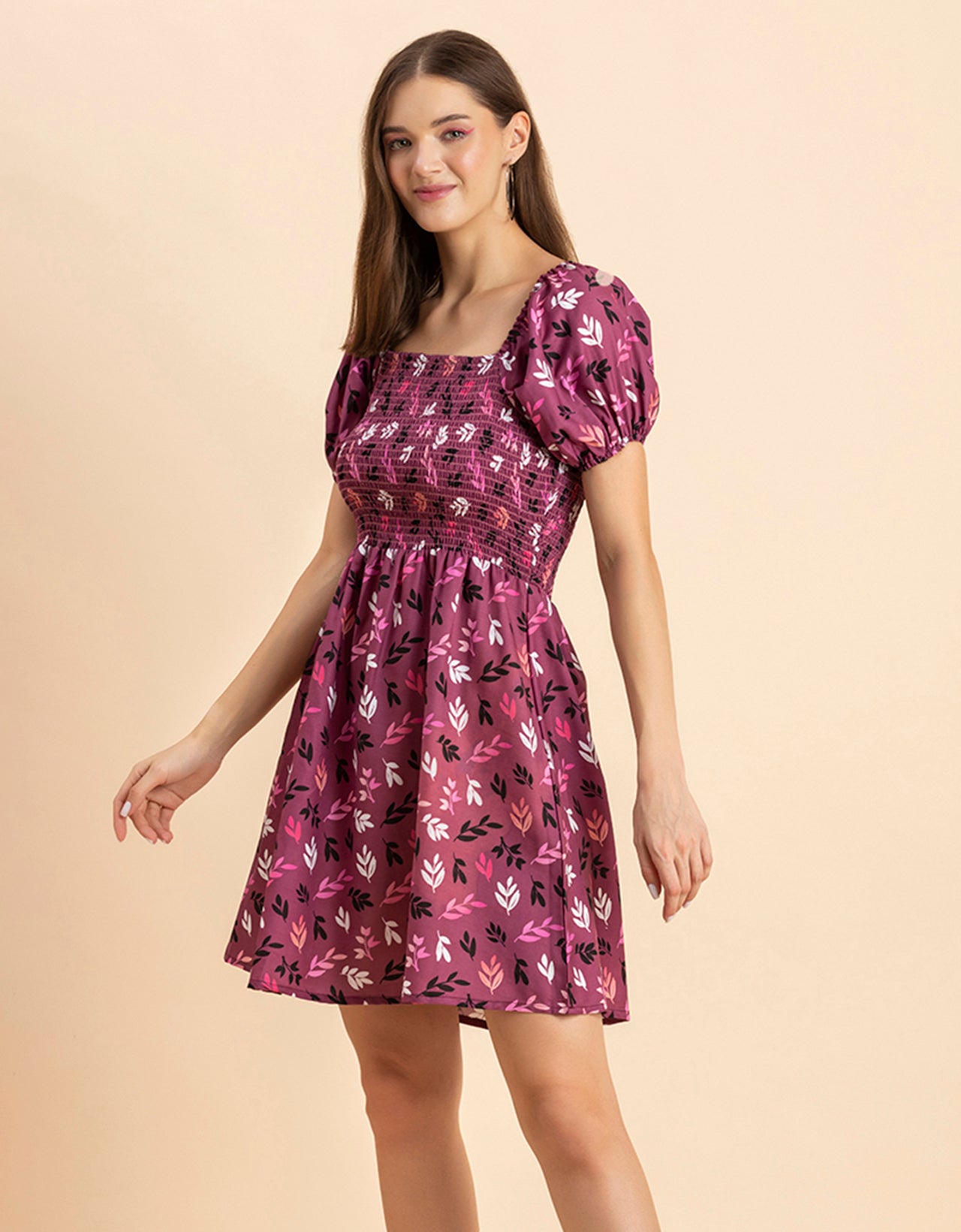 Printed Square Neck Puffed Dress