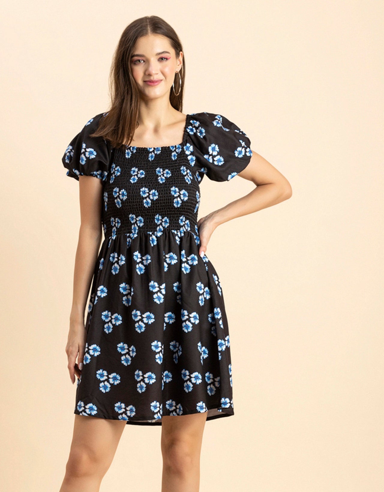 Printed Square Neck Puffed Dress