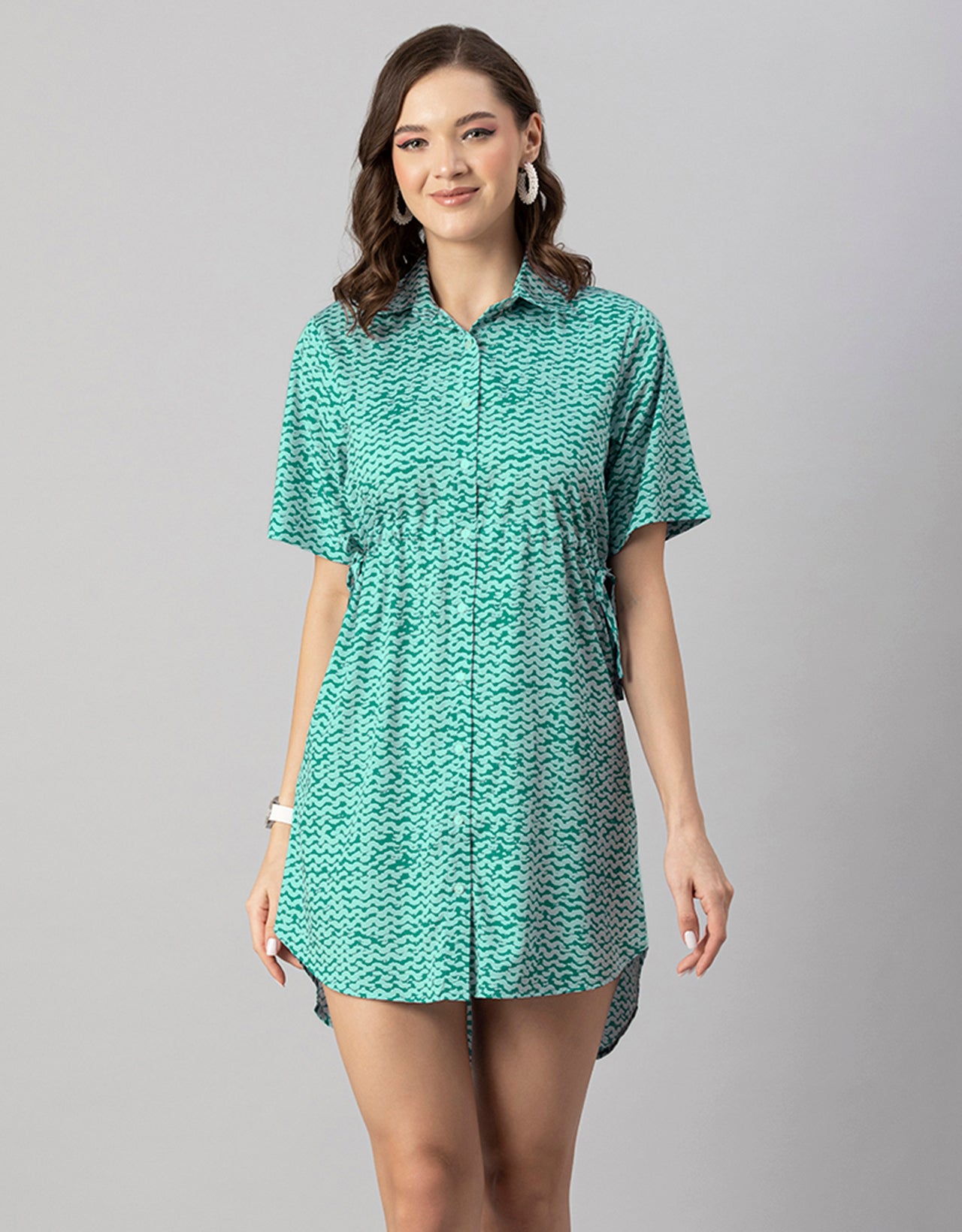 Printed Elbow Sleeves Collared Dress