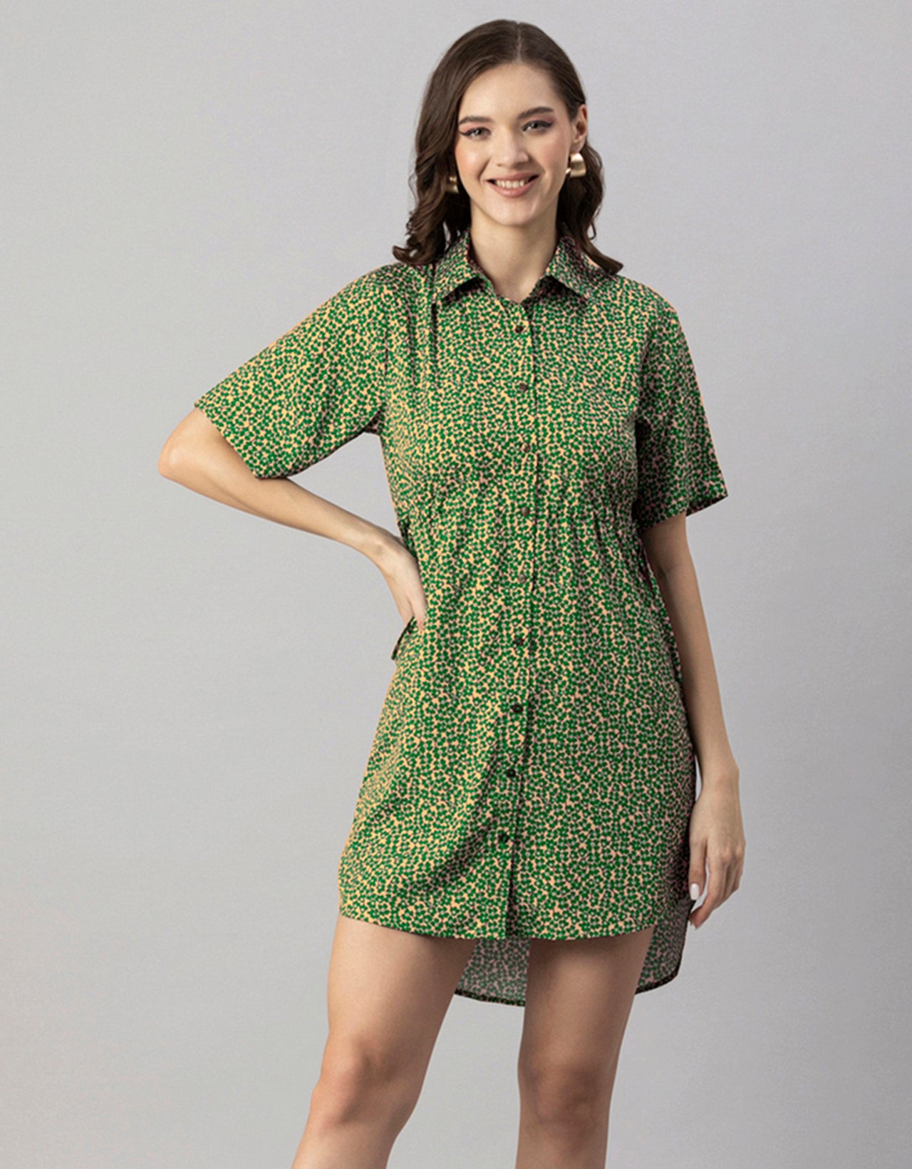 Printed Elbow Sleeves Collared Dress