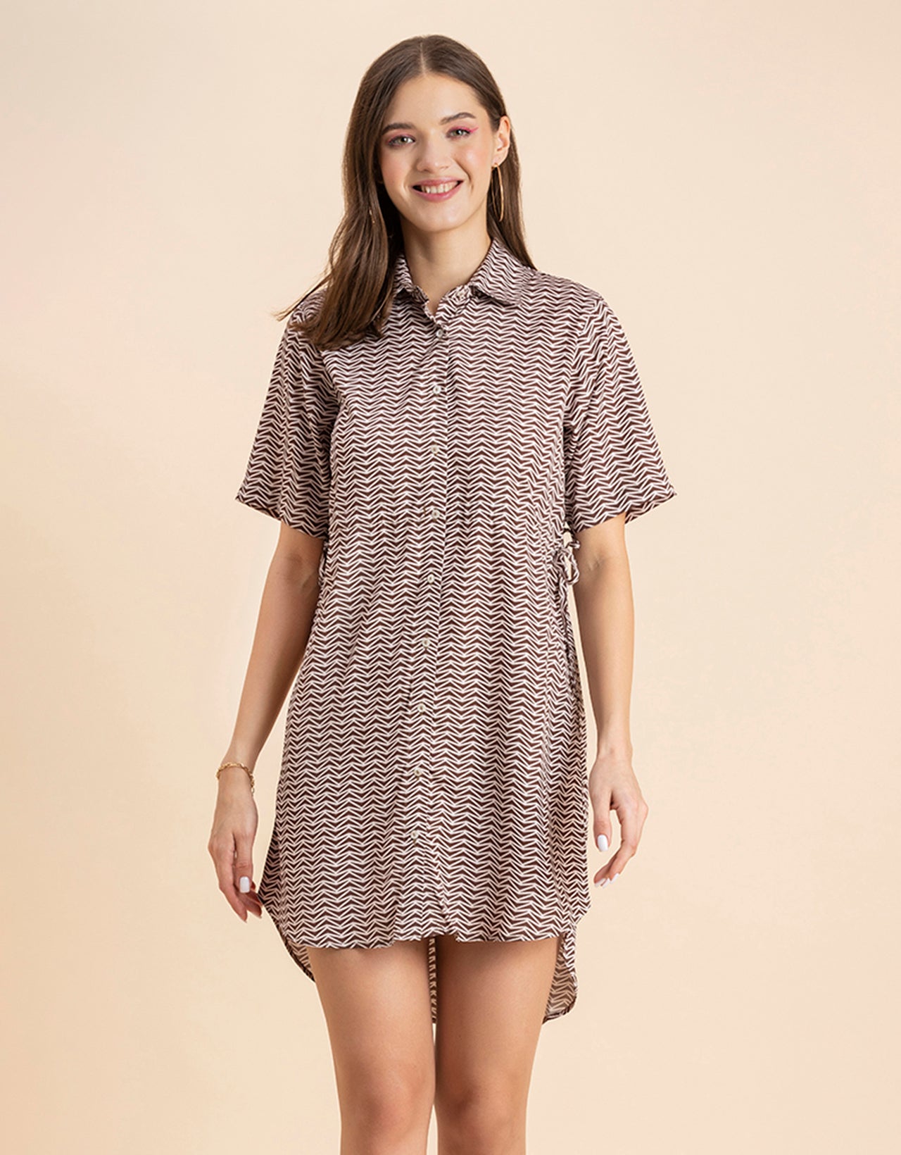 Printed Elbow Sleeves Collared Dress