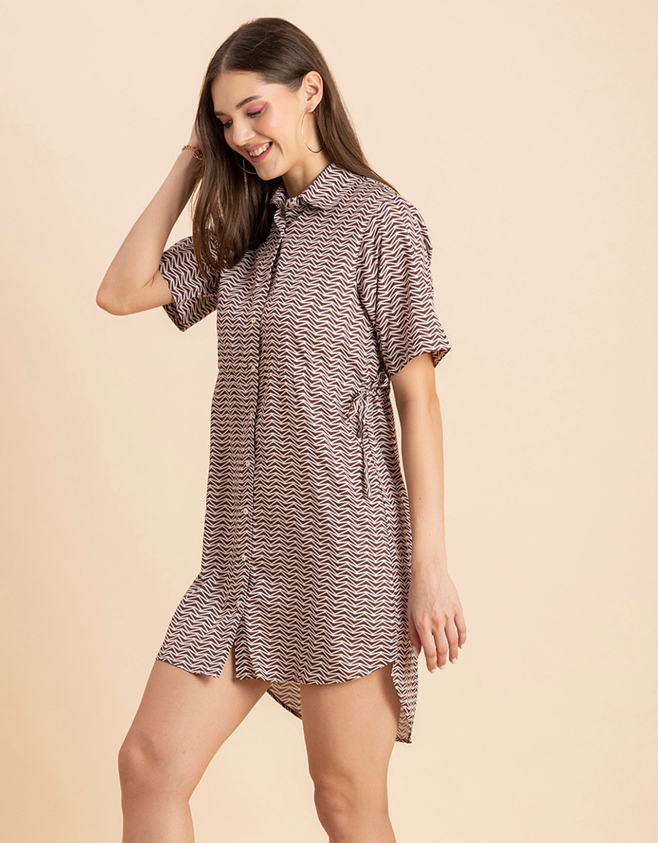 Printed Elbow Sleeves Collared Dress