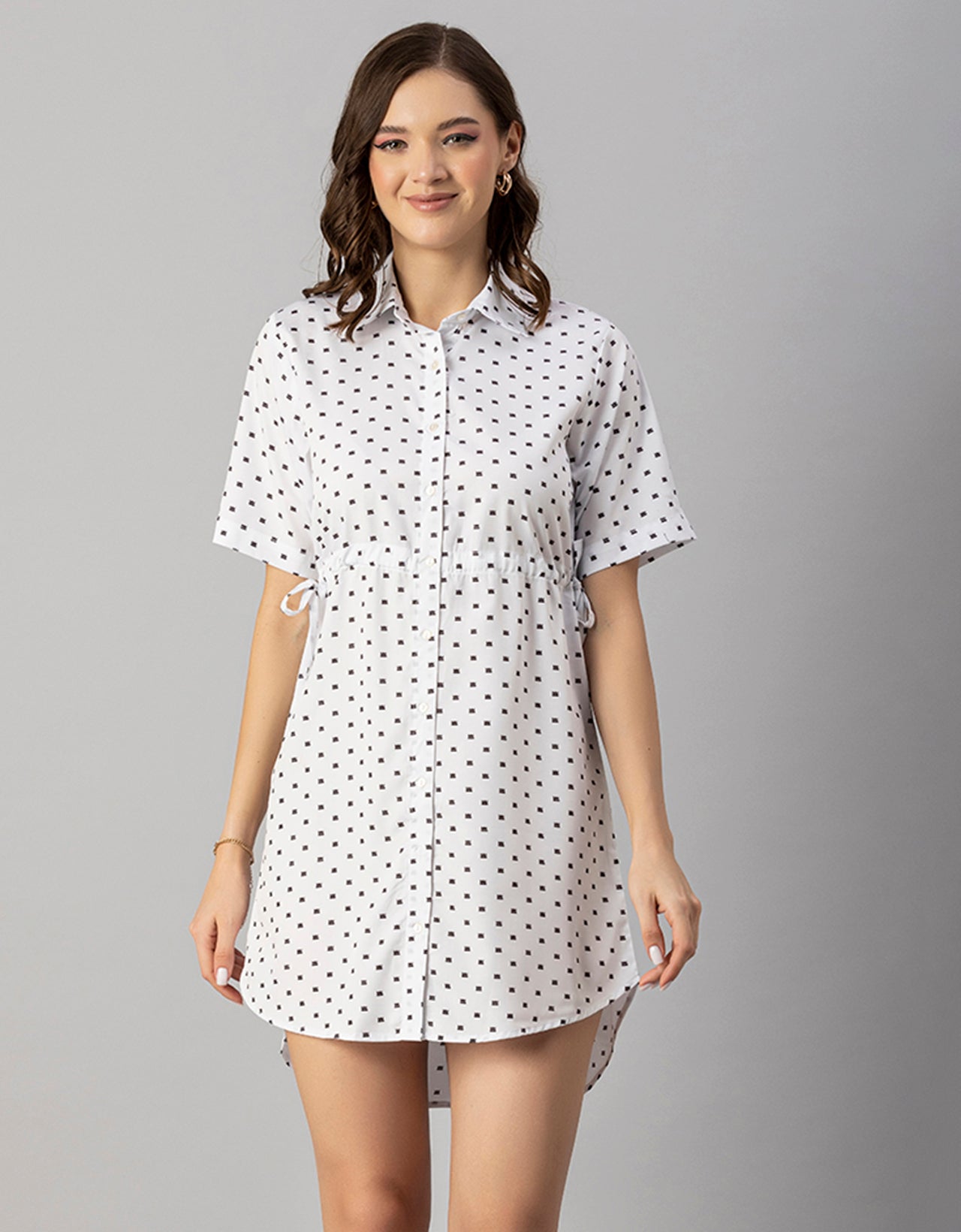 Printed Elbow Sleeves Collared Dress