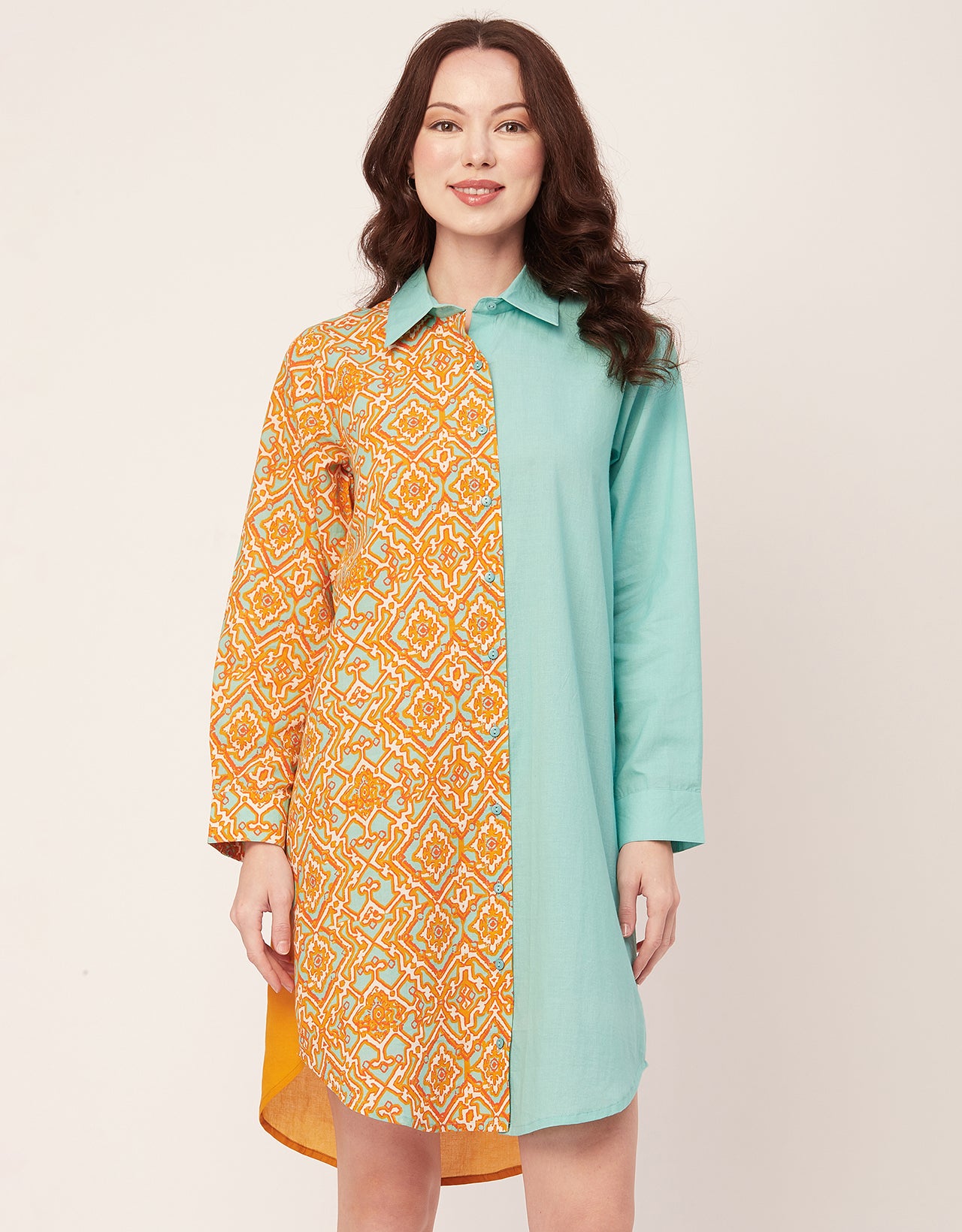 Printed Button Down Midi Shirt