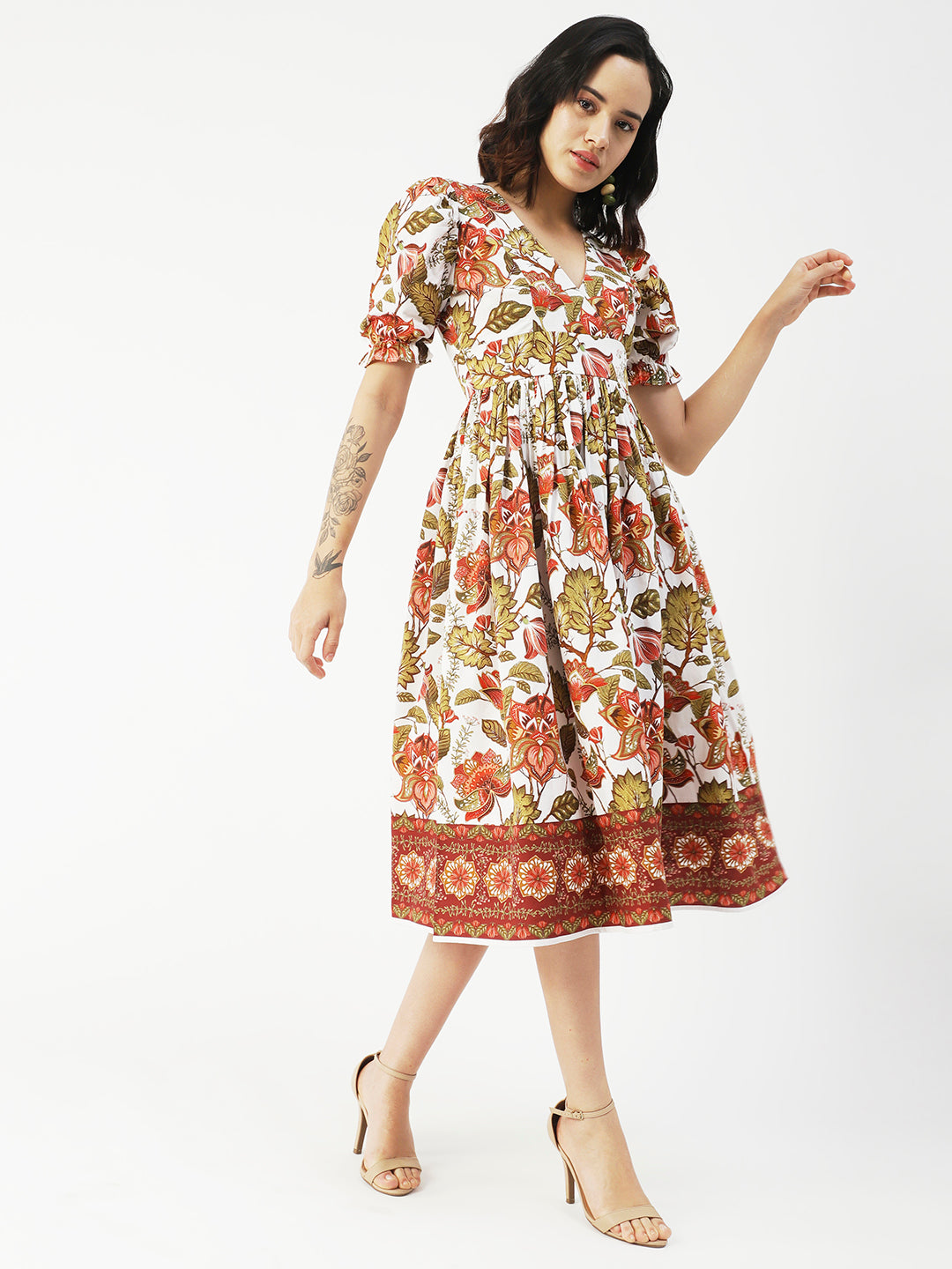 Cotton Flared Dress, V-Neck Maxi