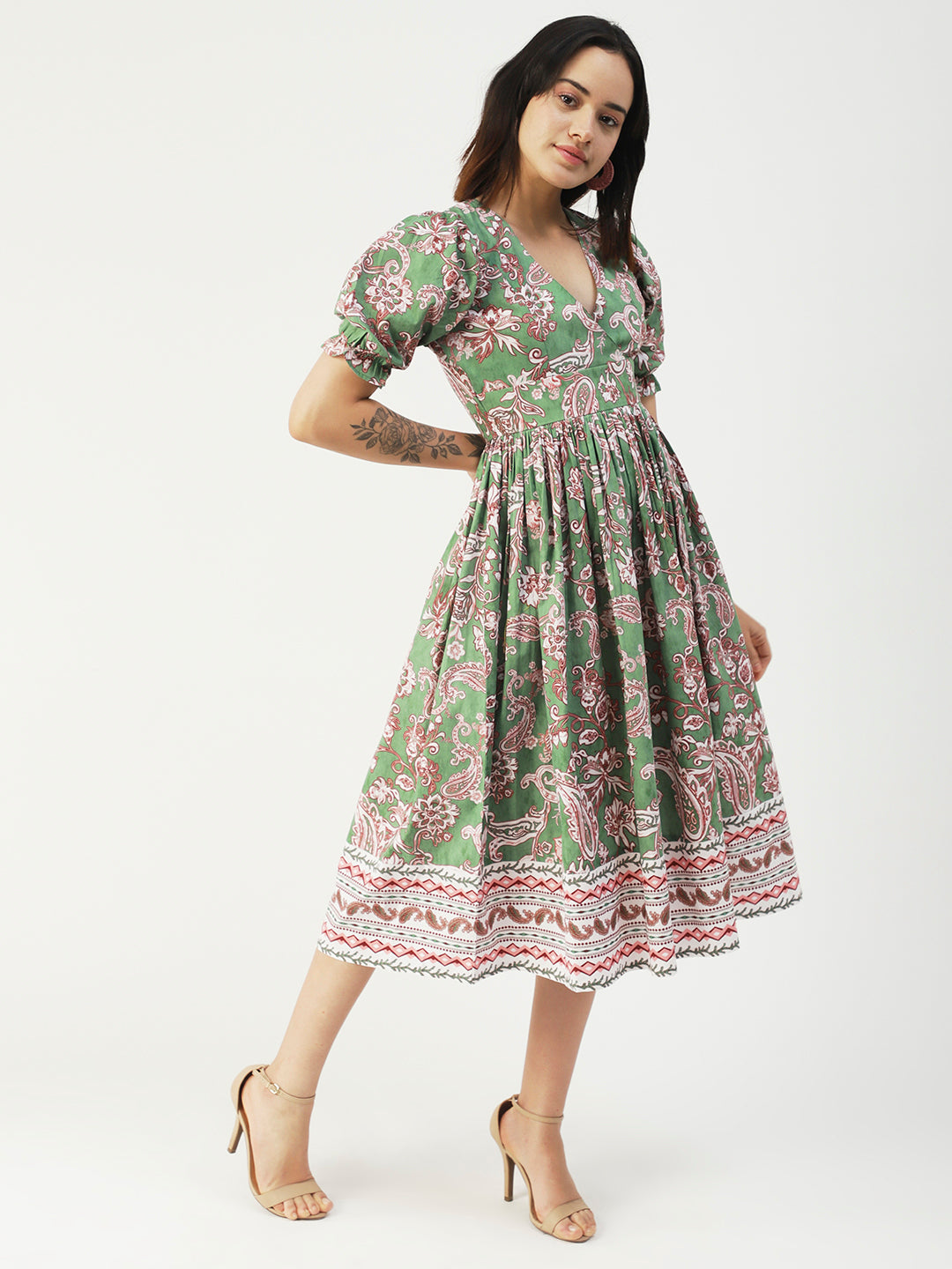 Cotton Flared Dress, V-Neck Maxi