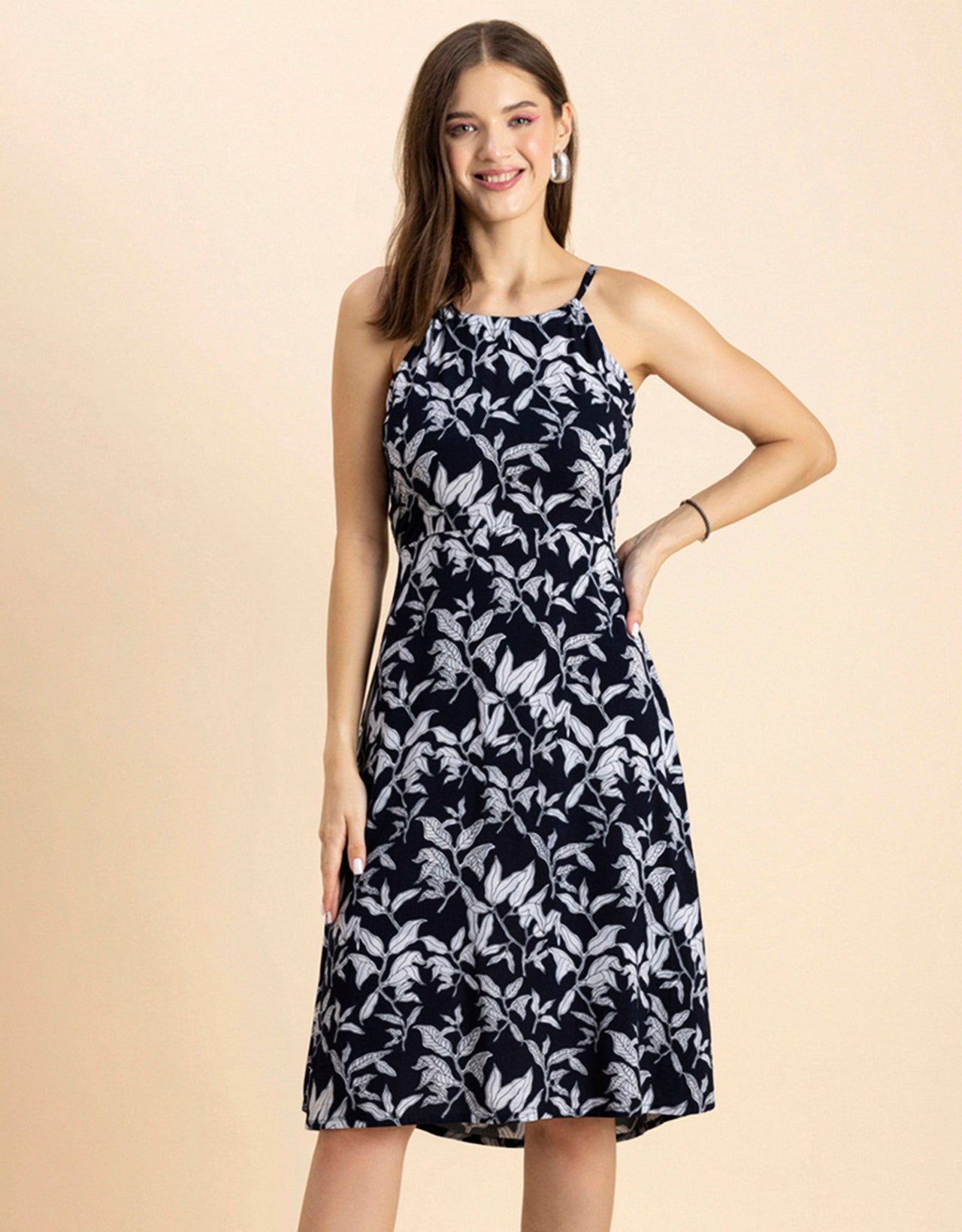 Printed Halter Neck Dress, Knee