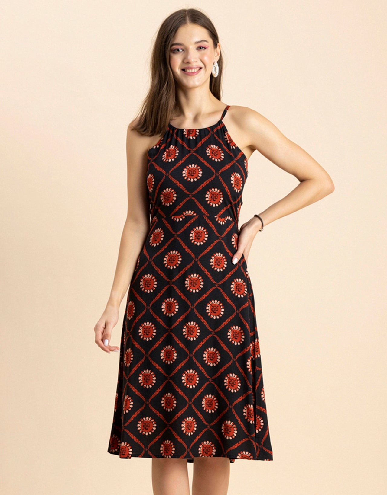 Printed Halter Neck Dress, Knee