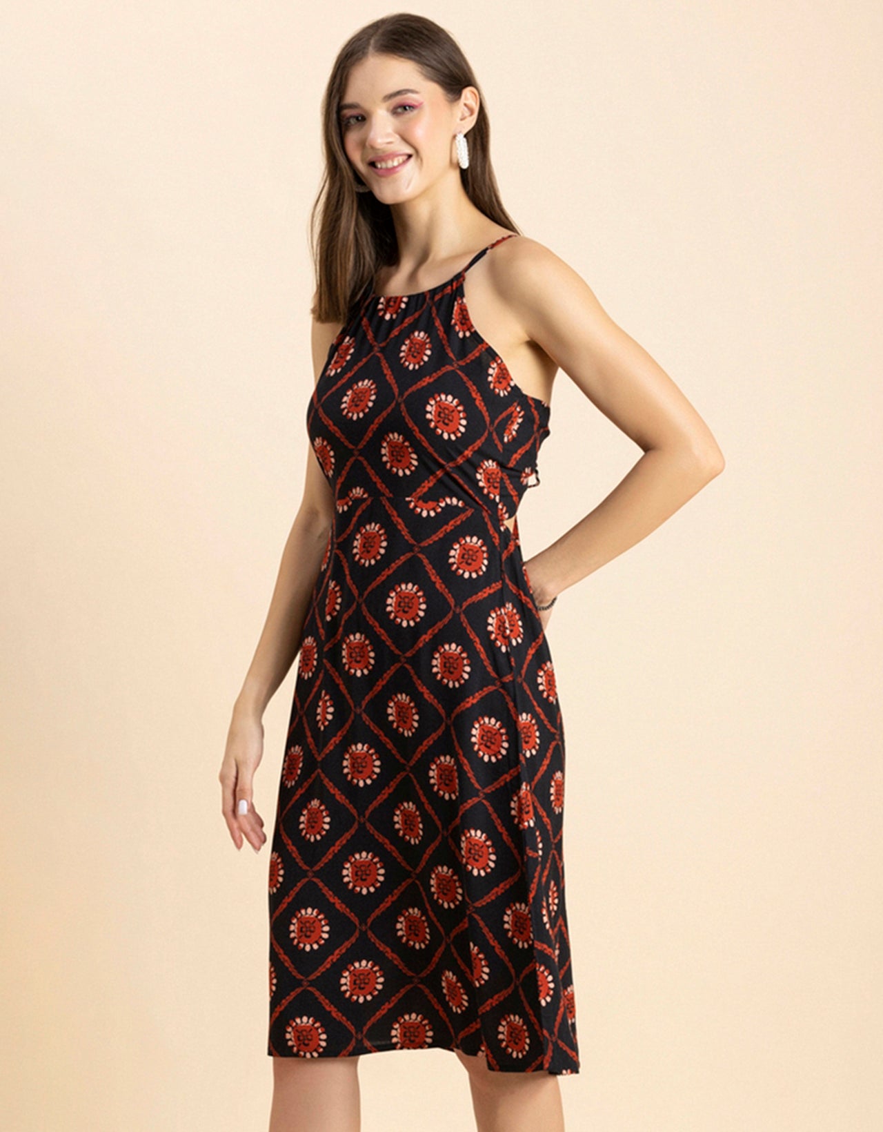 Printed Halter Neck Dress, Knee