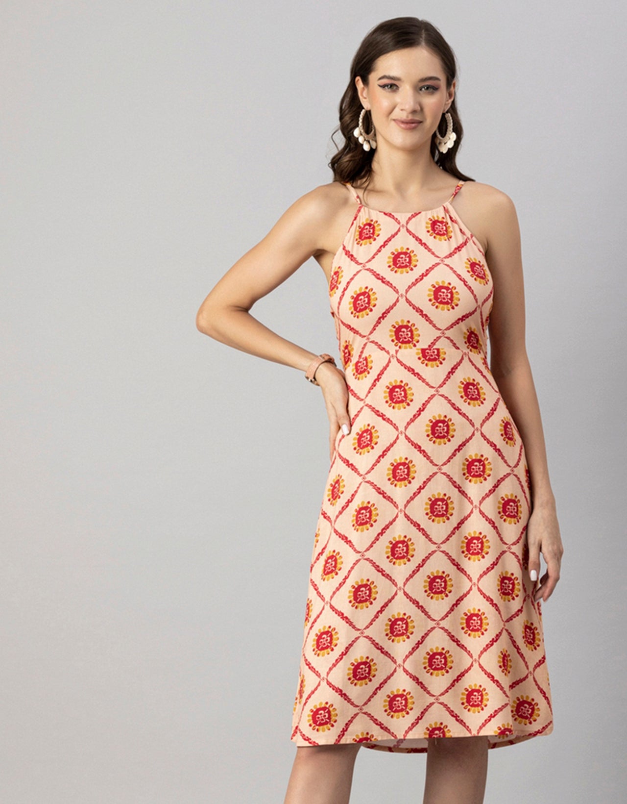 Printed Halter Neck Dress, Knee