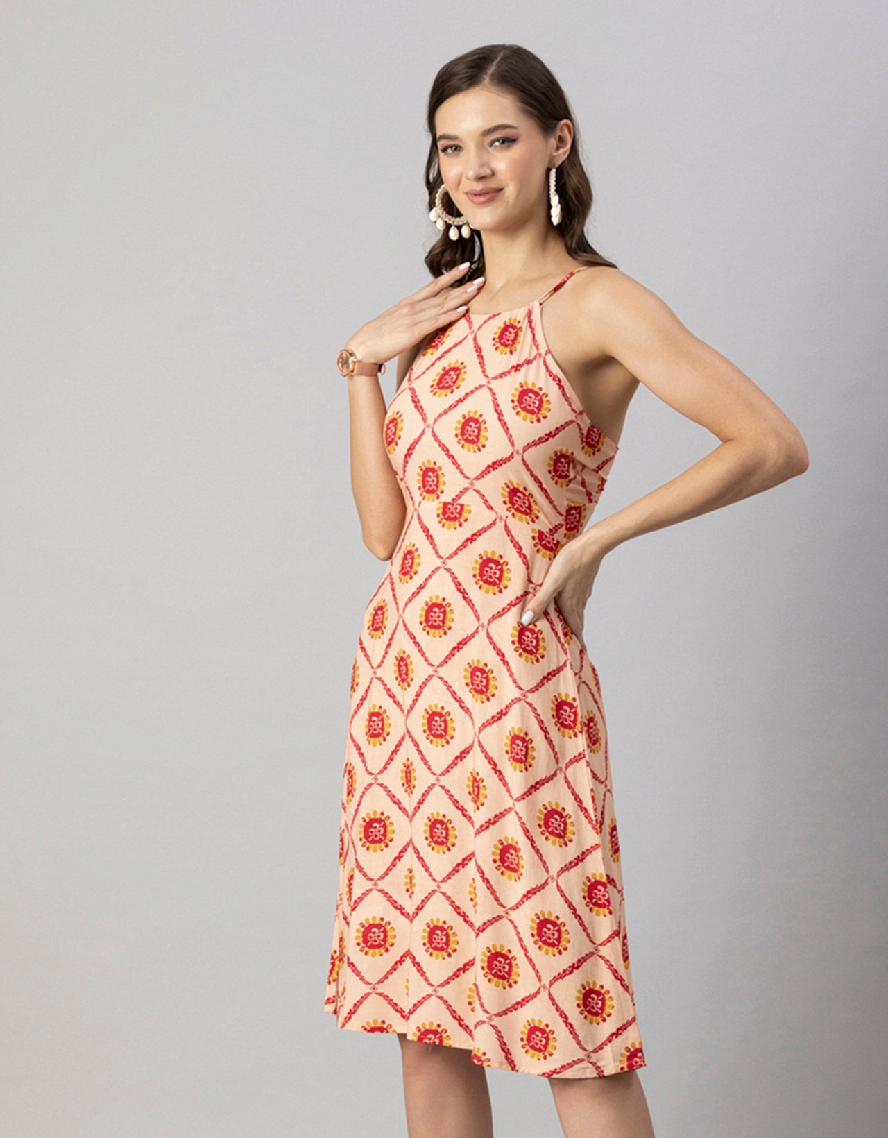 Printed Halter Neck Dress, Knee