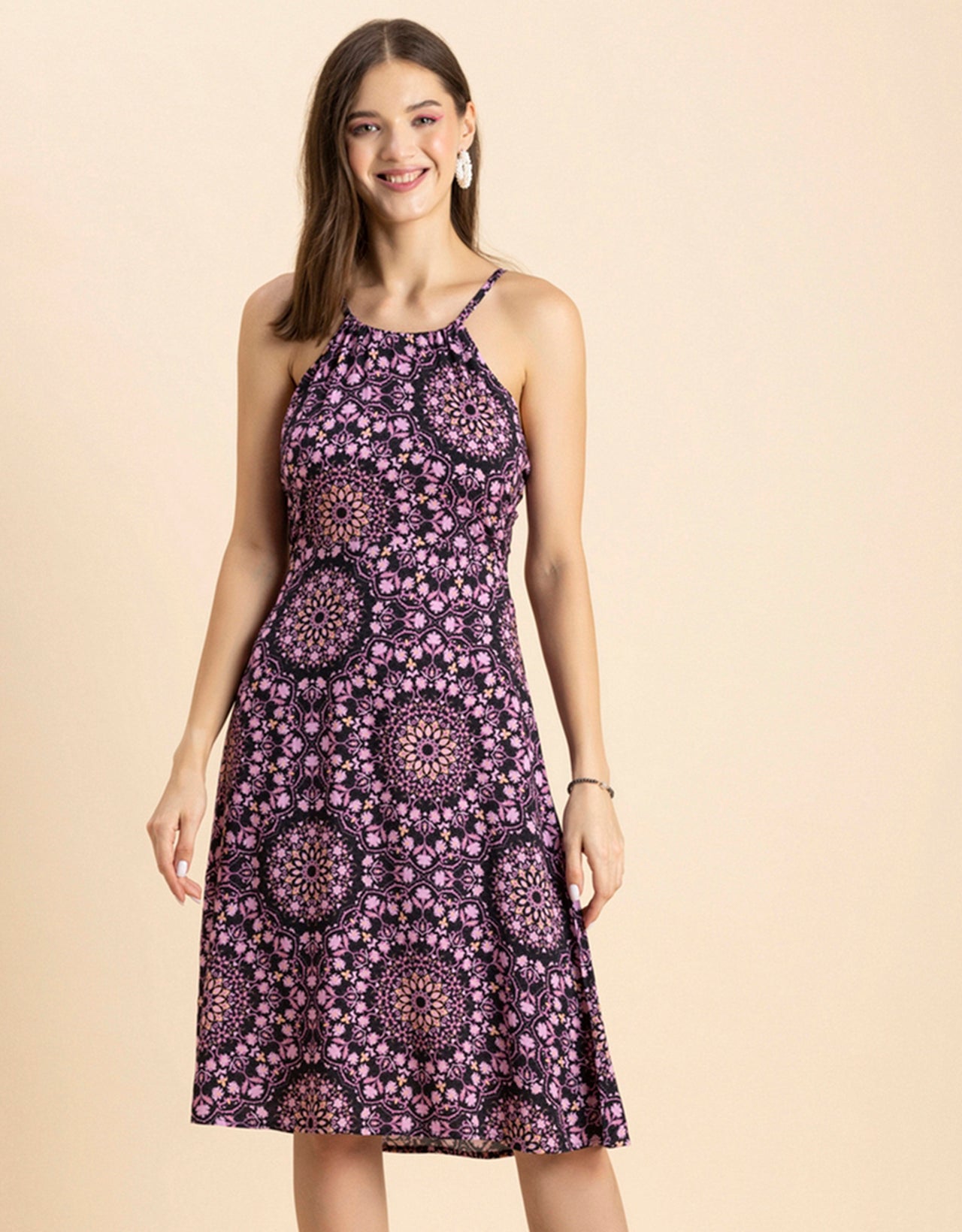Printed Halter Neck Dress, Knee